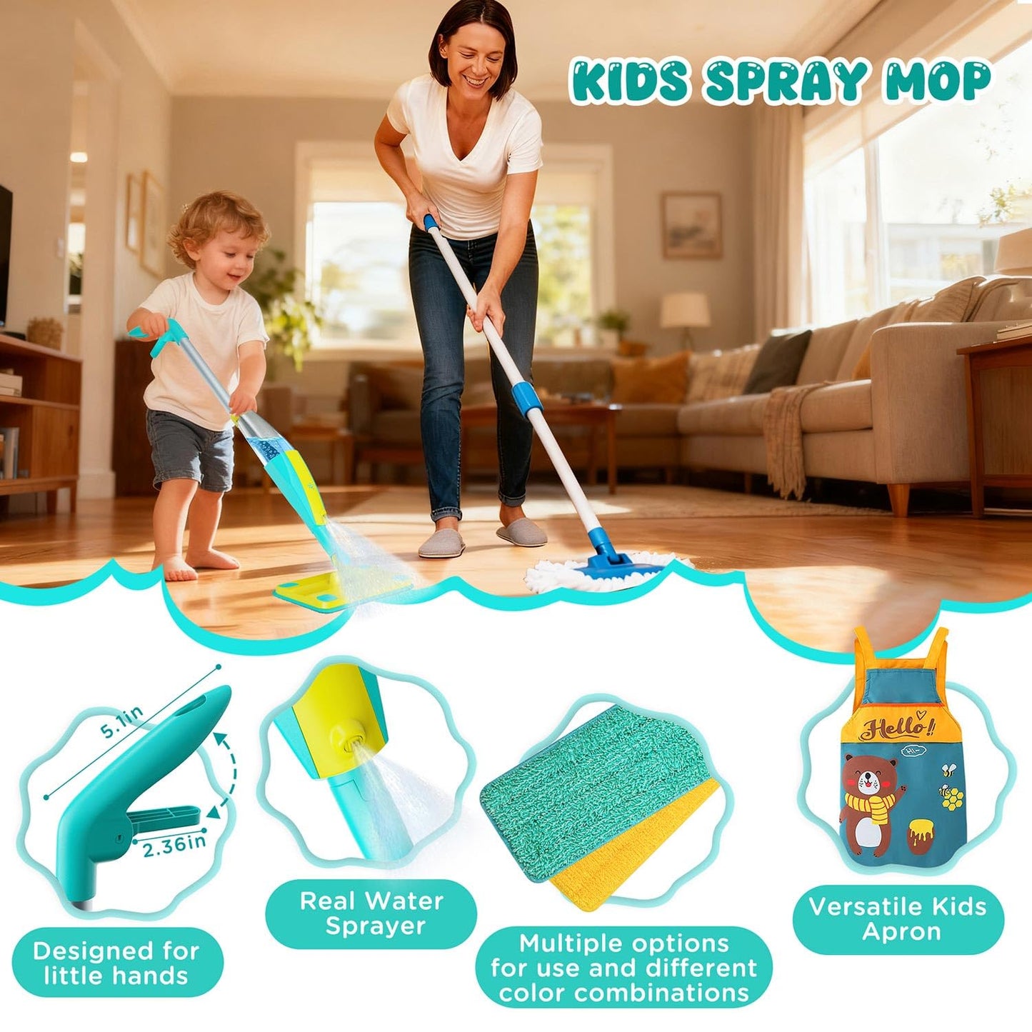 Kids Spray Mop,Toddlers Cleaning Play Sets with Real Water Sprayer,Includes Versatile A,Pretend Play Sets,Toddler Kids Cleaning Toy Set,Montessori Cleaning Set,Gifts for Boys Girls