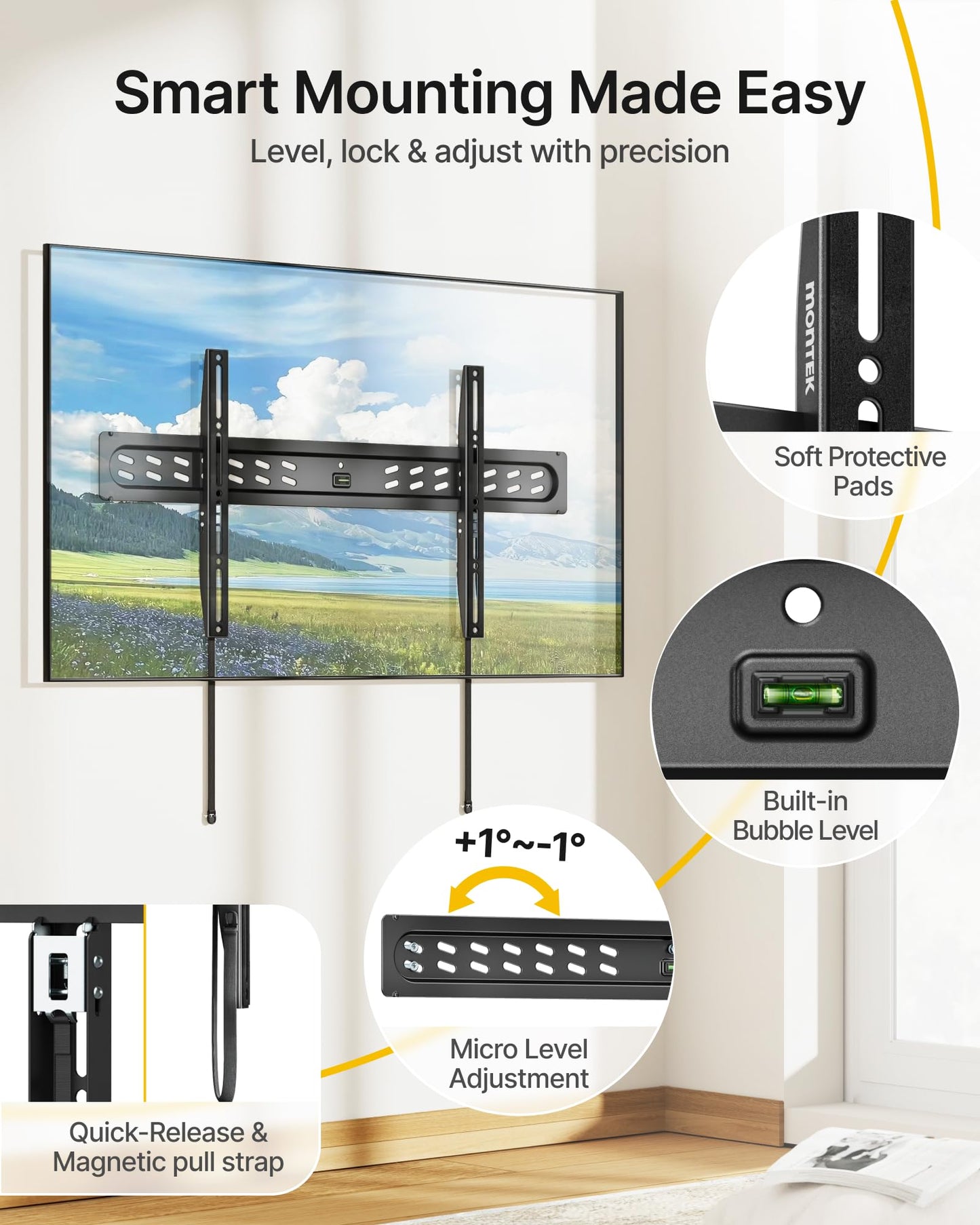 monTEK Ultra Slim Fixed TV Wall Mount Bracket for 43–95" Flat & Curved TVs, Super Low Profile 0.95" from Wall, Holds 150 lbs, Supports VESA 800x400, Fits 16"/18"/24"/32" Studs