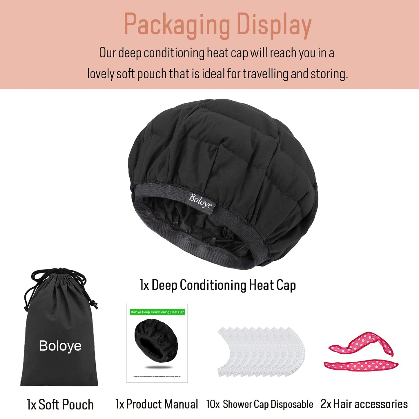 Flaxseed Deep Conditioning Heat Cap - Boloye Cordless 100% Safe Microwave Hot Cap for Natural Curly Textured Hair Care, Drying, Styling, Curling, Universal size (10 PCS One-time shower cap) (Black)