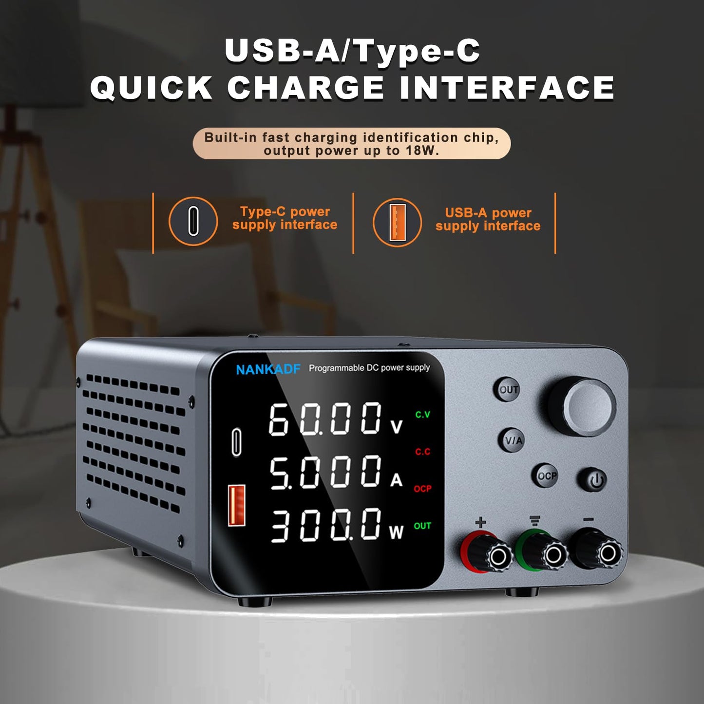 DC Power Supply, Bench Power Supply with Encoder Adjustment, 5V/3.6A USB&Type-C Quick-Charge, Adjustable Power Supply with Output Enable/Disable Button, Short Circuit Alarm