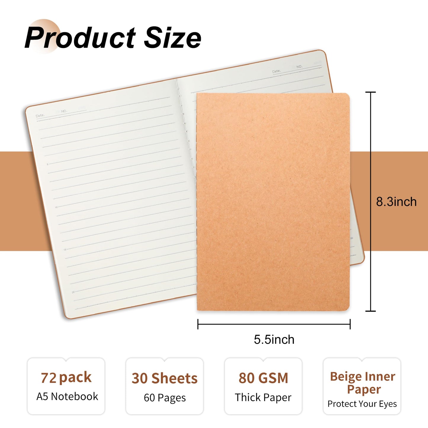 miikoul 72 Pack A5 Kraft Paper Notebook Lined Journal Bulk, 8.3 X 5.5 Inch, 60 Pages/30 Sheets, 80gsm, Travel Notebook Notepad for Adult, Students, Gift, Office, Back to School Supplies