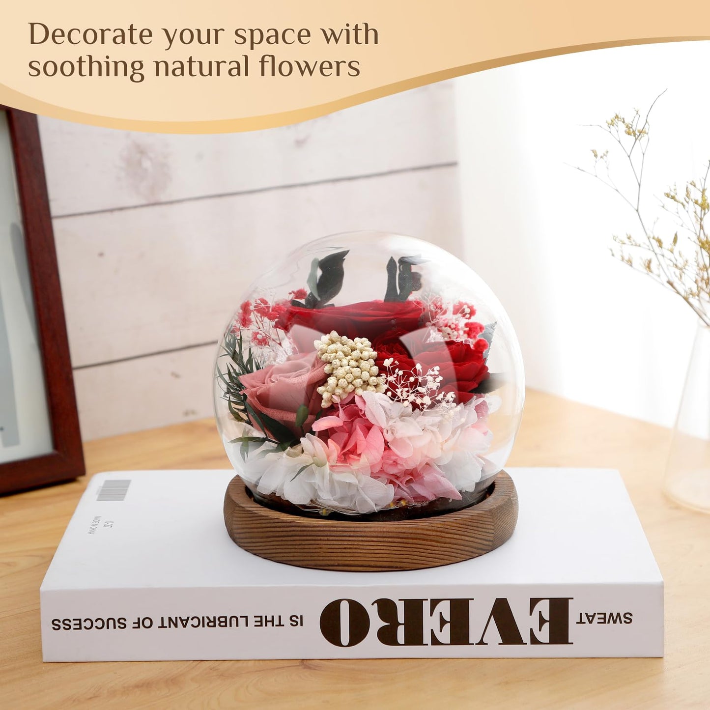 Eyesofspring Preserved Flowers,Rose in Glass Dome with LED Light,Mother's Day Present, Gifts for Girls, Women, Mom,Grandma,Girlfriend, Wife- Style1