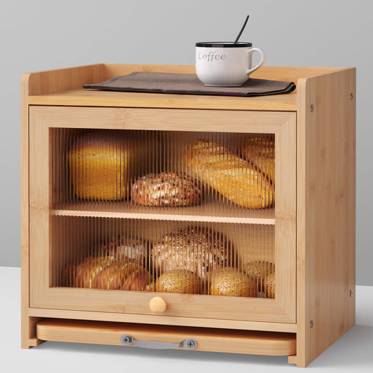 bamzc brz Bamboo Bread Box for Kitchen Countertop, Double Layer Kitchen Counter Organizers and Storage for Fruits, Tea, Spices, Coffee, Vintage Bread Bin Container with Cutting Board, Natural