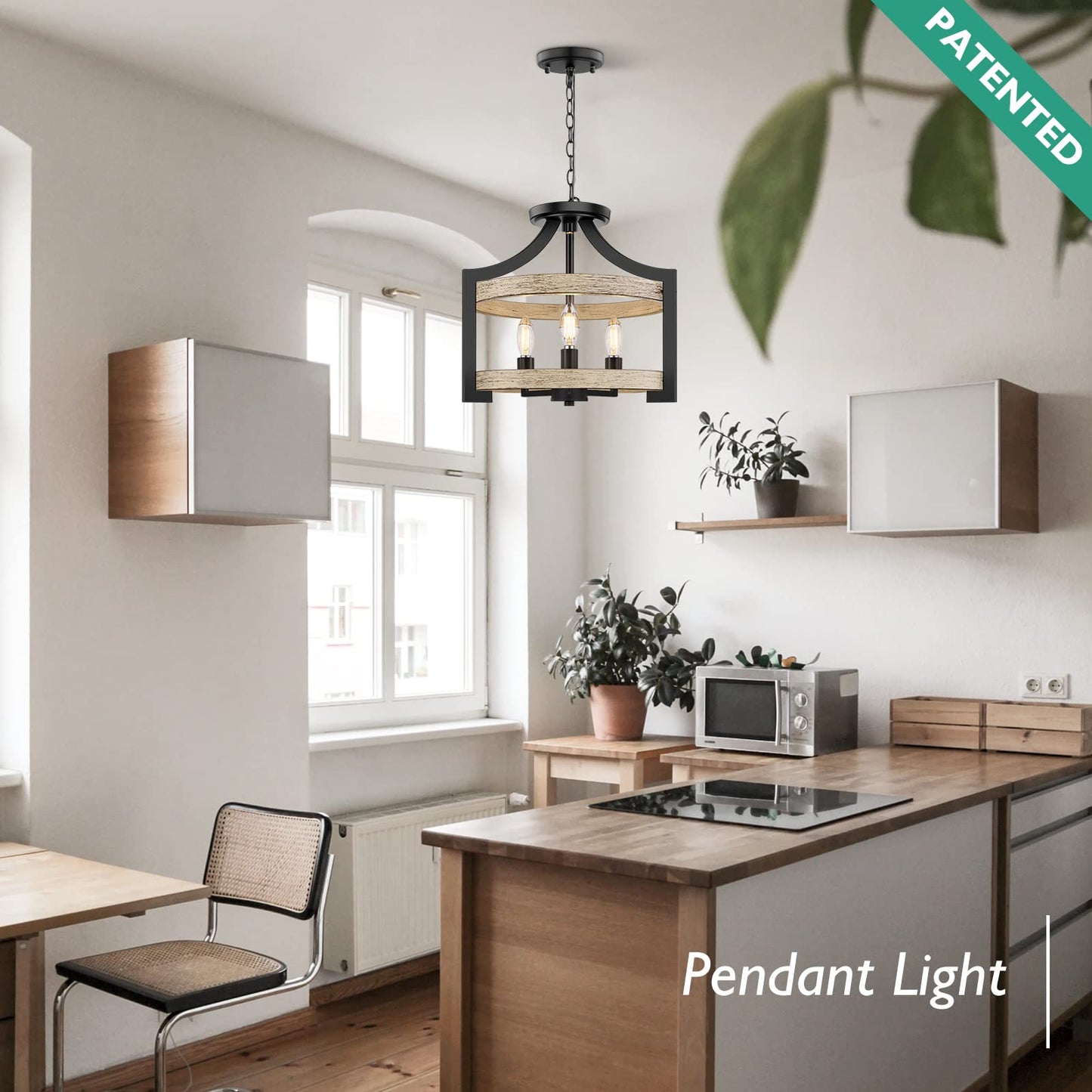3-Light Rustic Farmhouse Pendant Hanging Light Adjustable Height Max 68in, 14.5” Convertible Vintage Semi Flush Mount Ceiling Light Fixture Black Metal Chandelier Wood Finish Kitchen Dining Room