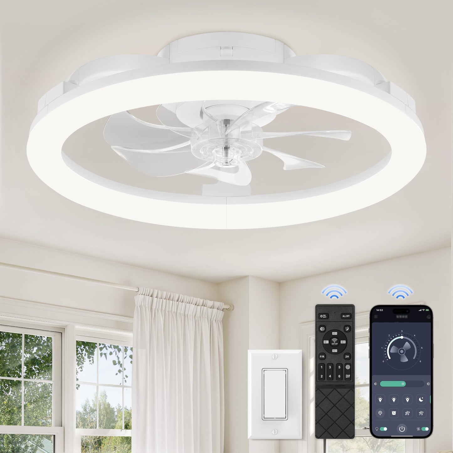 LEDIARY 20 Inch Low Profile Ceiling Fans with Lights and Remote, Dimmable Modern Fan Light(3000K-6000K), 6 Speed, Reversible, APP & Remote Control, Flush Mount Ceiling Fan for Bedroom, White