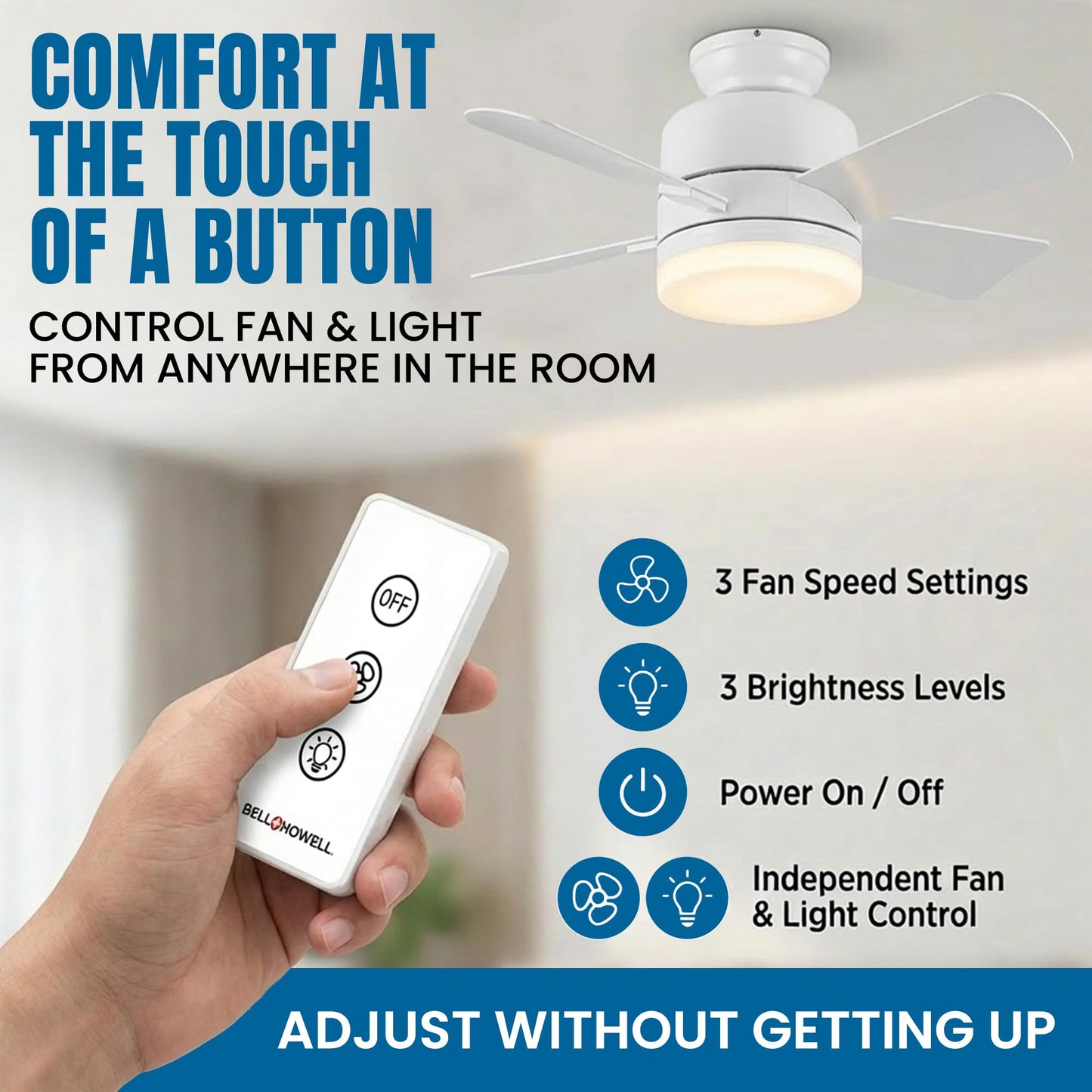 Bell+Howell Socket Breeze 15.4" Socket Fan Light, 5-Speed Deluxe Model – Portable Low Profile Ceiling Fans with Lights and Remote Control – For Bedroom, Kitchen, Living Room