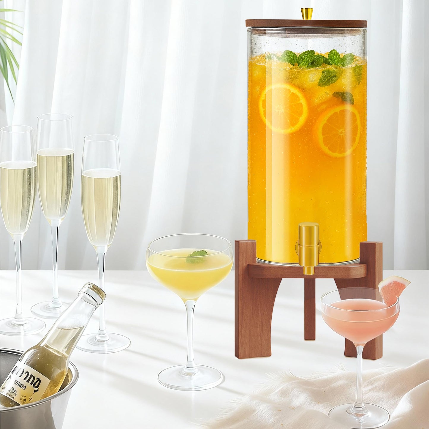 VERSSURE Glass Drink Dispenser,1.5 Gallon Beverage Dispenser with Stand,Lemonade Dispenser with Stainless Steel Faucet,Drink Dispensers for Parties, Bars and Home (Round Stand)
