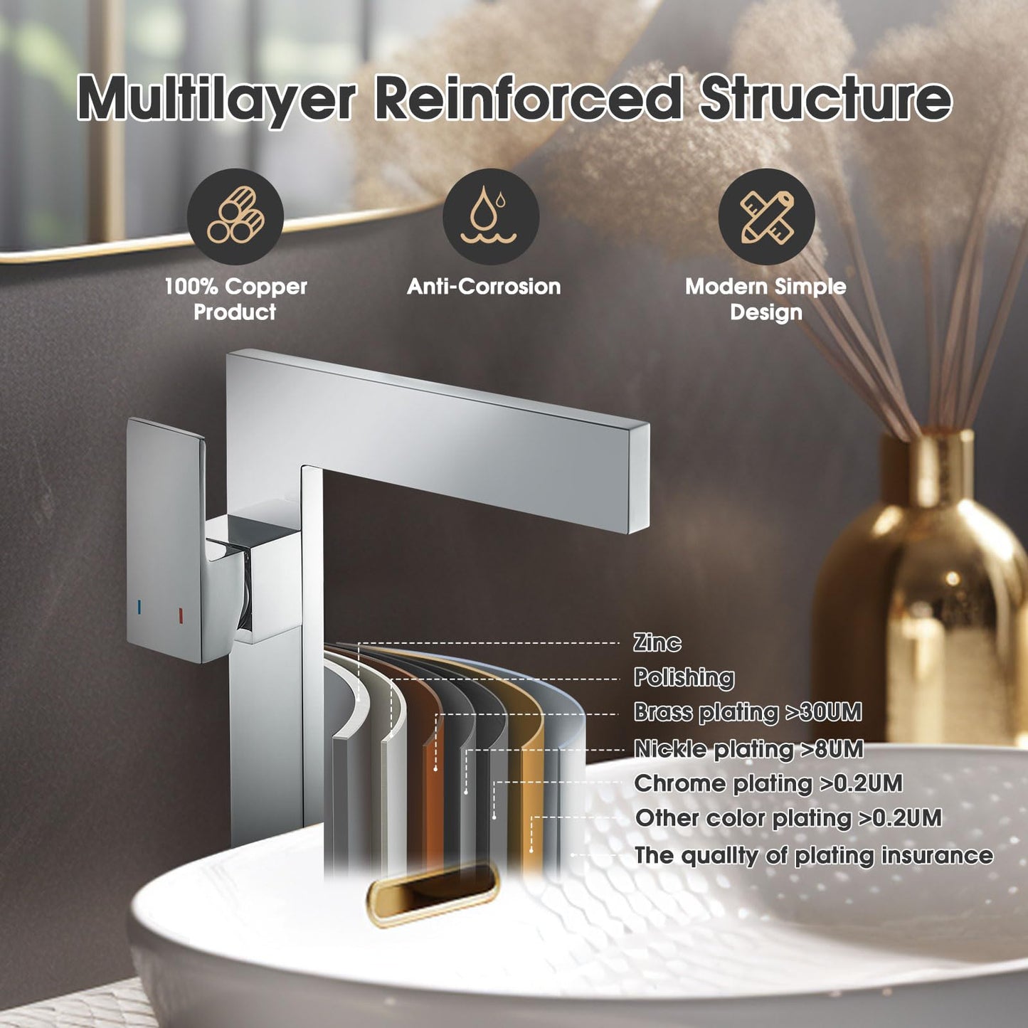 Chrome Tall Bathroom Sink Faucet Ultra Thin Design, Single Handle Vessel Faucet for Bathroom Sink,1 Hole Lavatory Bowl Sink Faucets Solid Brass(Chrome)