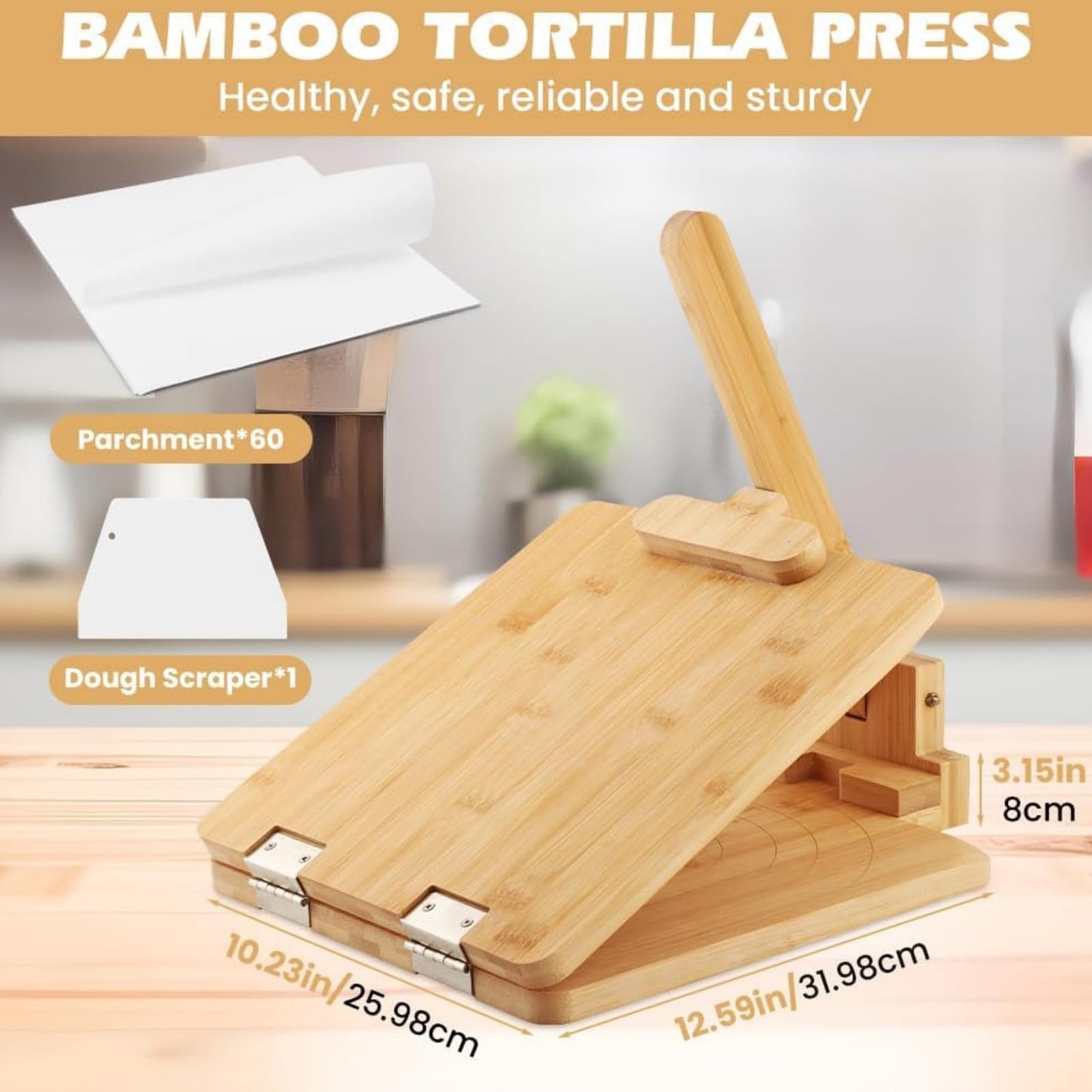 10 Inch Square Bamboo Tortilla Press Set with 60 Pc Parchment Paper, Heavy Duty Tortillera for Mexican Tacos, Roti, Burrito & Patacones