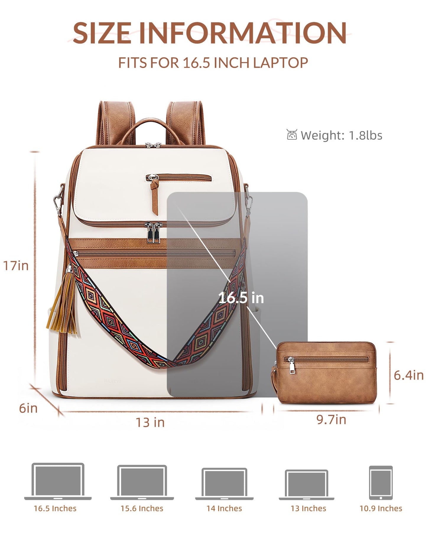 SYTRAH Leather Laptop Backpack for Women Designer Laptop Bag, 16.5 inch Travel Computer Backpacks Purse with Tassel for Work Business with Satchel Purse Beige Brown