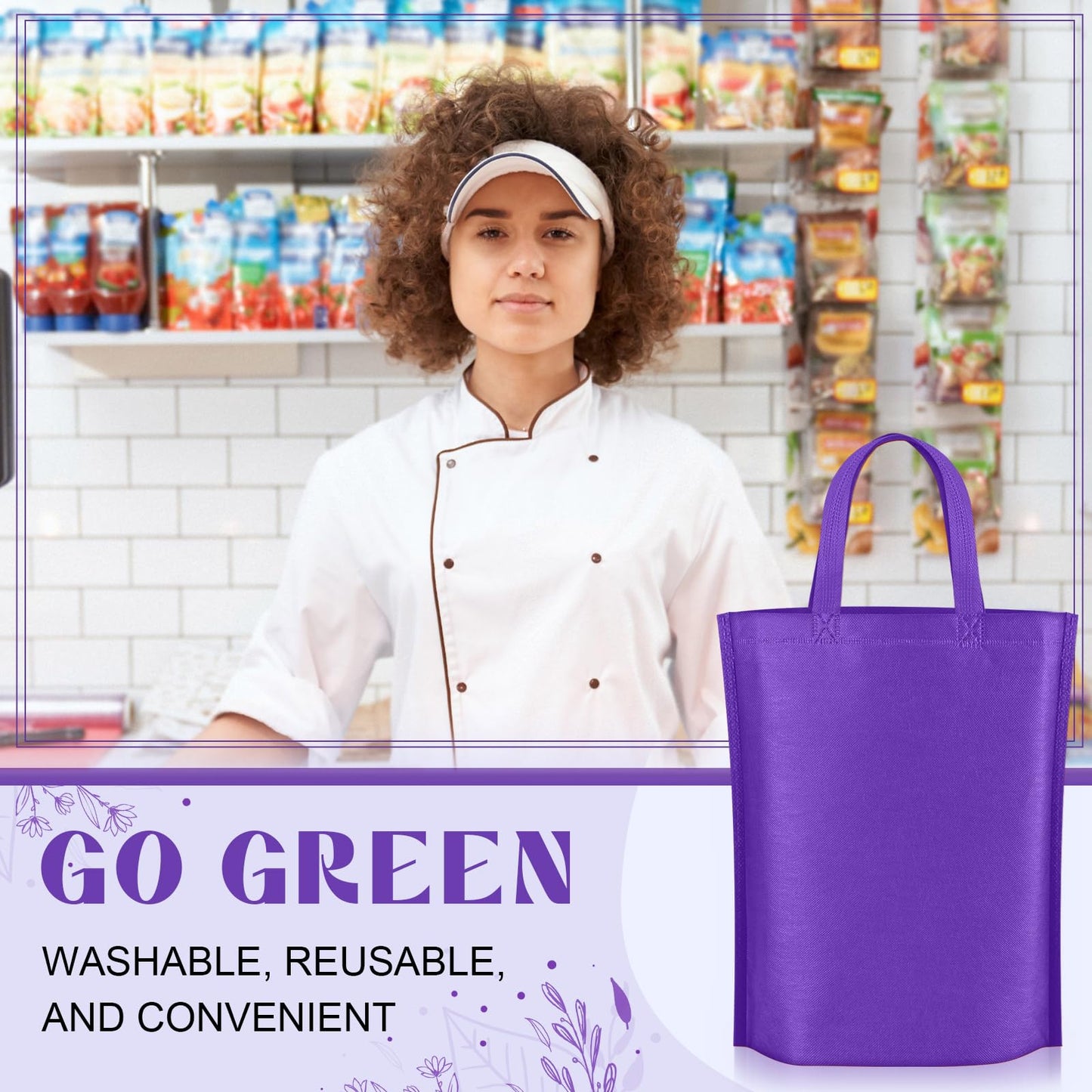 Windyun Reusable Grocery Bags Large Non Woven Shopping Bags with Handle Foldable Portable Tote Carryall Bulk 11.8x6x13.8 Inch(200 Pcs,Purple)