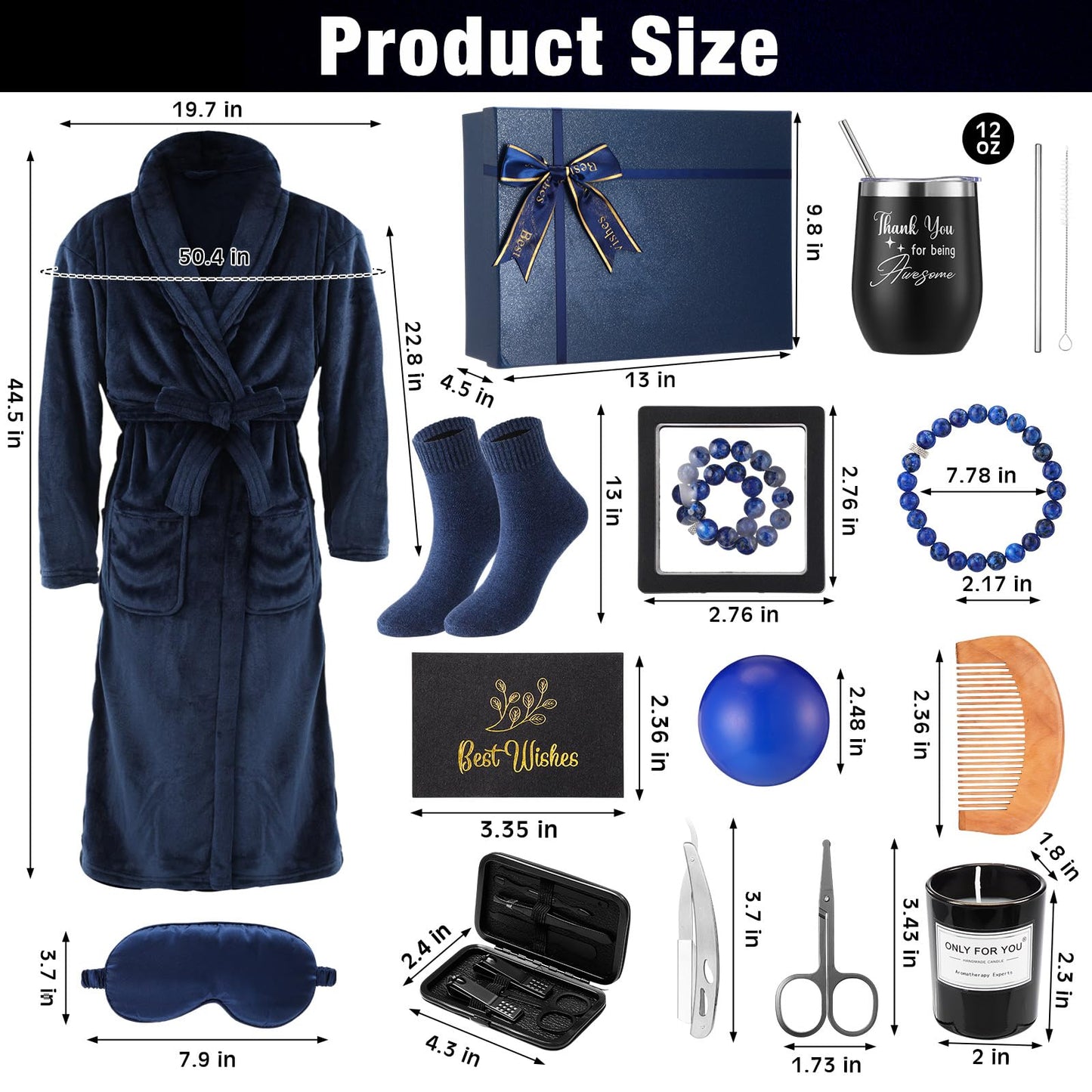 Nuogo 15 Pcs Birthday Gifts for Men Beard Care Set for Him Dad Birthday Gifts Basket Ideas Kit for Men Tumbler Bath Robe for Father's Day Dad Husband Boyfriend Box(Unhooded,Navy)