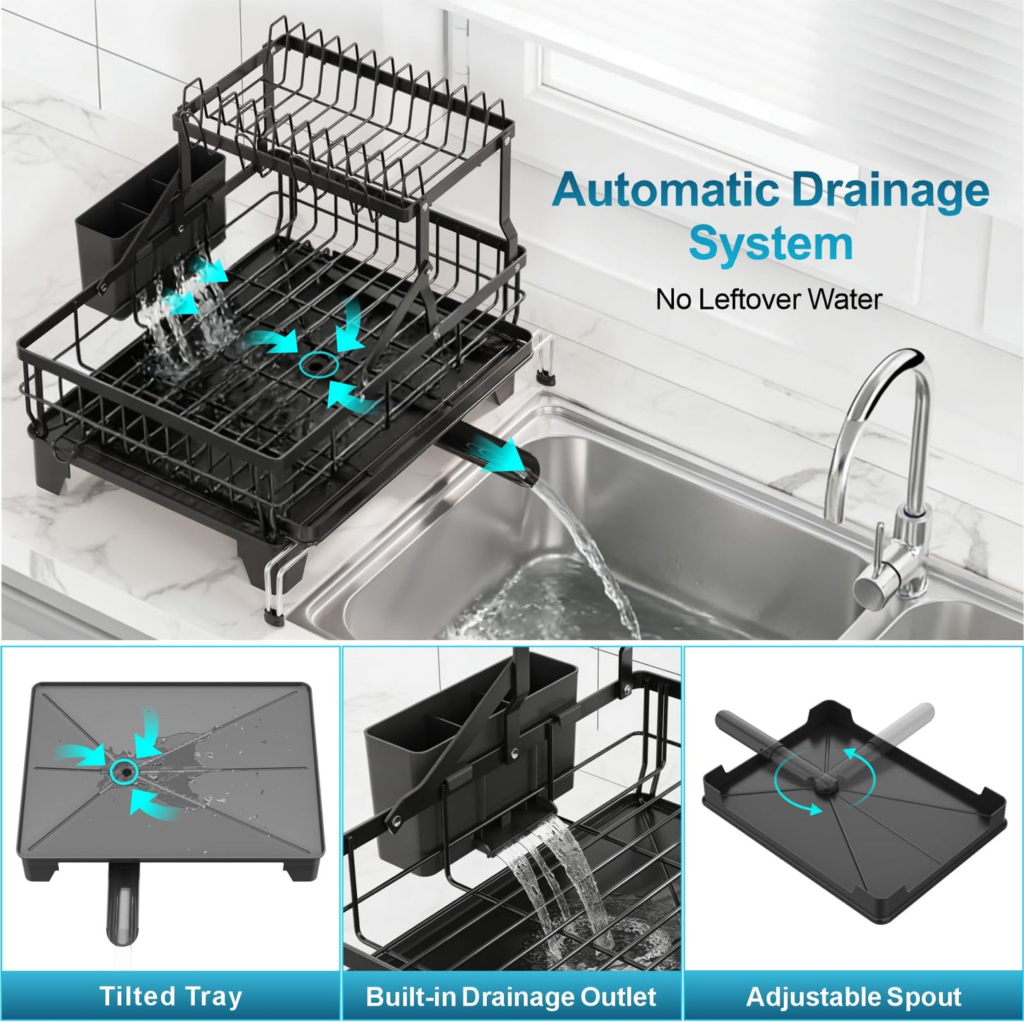 GSlife Large 2 Tier Dish Drying Rack, Expandable Multifunctional Dish Rack for Kitchen Counter, Rust-Resistant Dish Drainer with Utensil & Cup Holder, Auto-Drain, 16.9" W x 14.4"-22.4" L, Black
