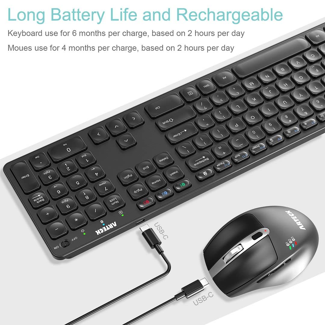 Arteck Universal Multi-Device Bluetooth Keyboard and Mouse Full Size Wireless Bluetooth Keyboard and Ergonomic Mouse Set for Windows, iOS, Android, Computer Desktop PC Laptop iPad Tablet Smartphone