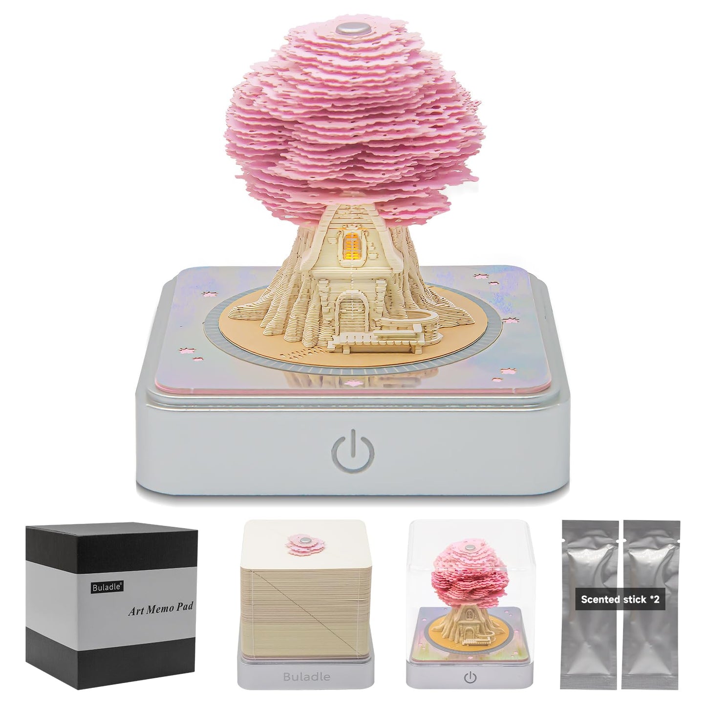 Buladle 3D Tree memo Pads Paper Desk Calendar with Light,DIY Creative Gifts,Non-Sticky Note Pad Cubes Note Cards Stickers Post Notes for Office/Home (Pink)