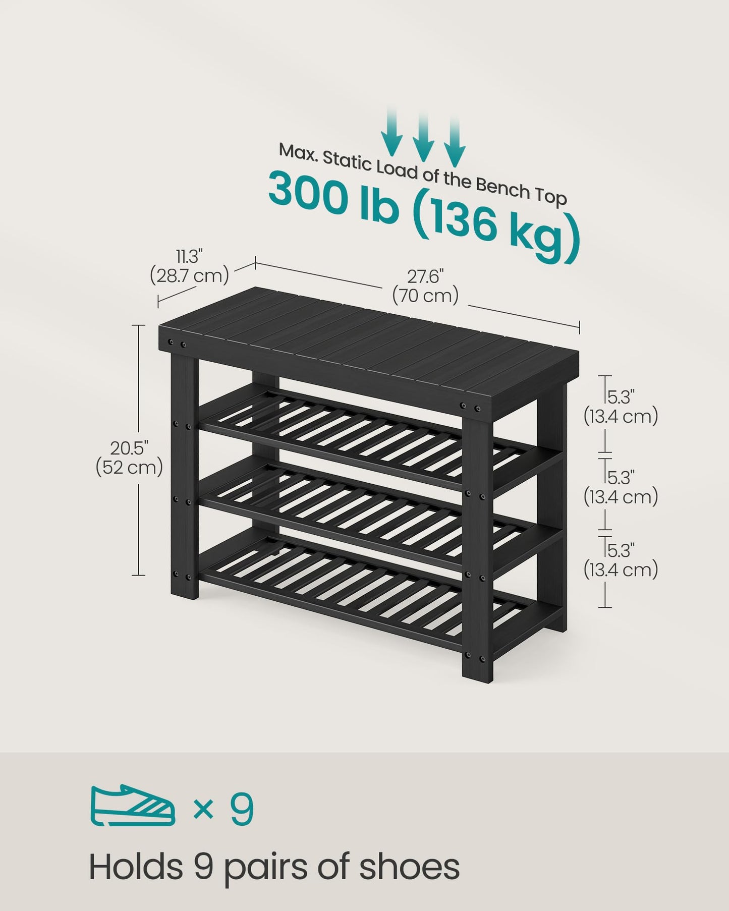 SONGMICS Shoe Rack Bench, 4 Tier Bamboo Shoe Storage Organizer, Entryway Bench, for Living Room, Bathroom, Bedroom, 11.3 x 27.6 x 20.5 Inches, Ink Black ULBS370BH01