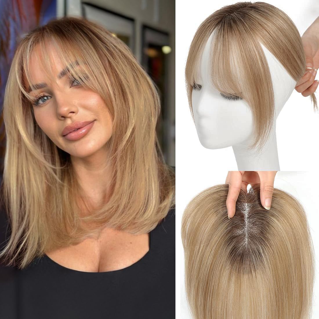 UDU Hair Toppers for Women Real Human Hair Toppers for Women with Thinning Hair Ombre Blonde Toppers Hair Pieses with Bangs Clip In Bangs Wiglets Hair Pieces for Women for Hair Loss Cover Gray Hair