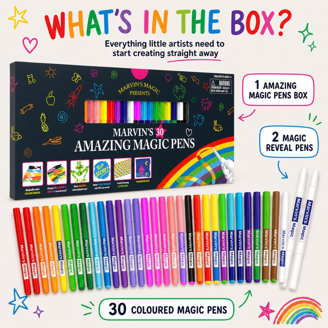 Marvin's Magic - NEW x 30 Amazing Magic Pens - Color Changing Magic Pen Art - Create 3D Lettering or Write Secret Messages - Includes 30 Magic Pens