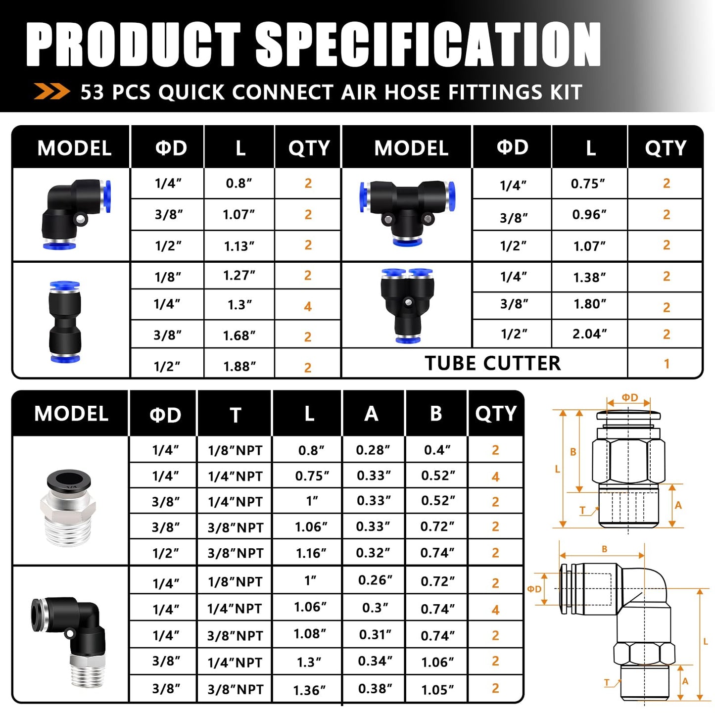 mankk Quick Connect Air Hose Fittings Kit 1/8" 1/4" 3/8" 1/2" Push to Connect Fittings Air Line Quick Connect Fitting Quick Release Pneumatic Kit