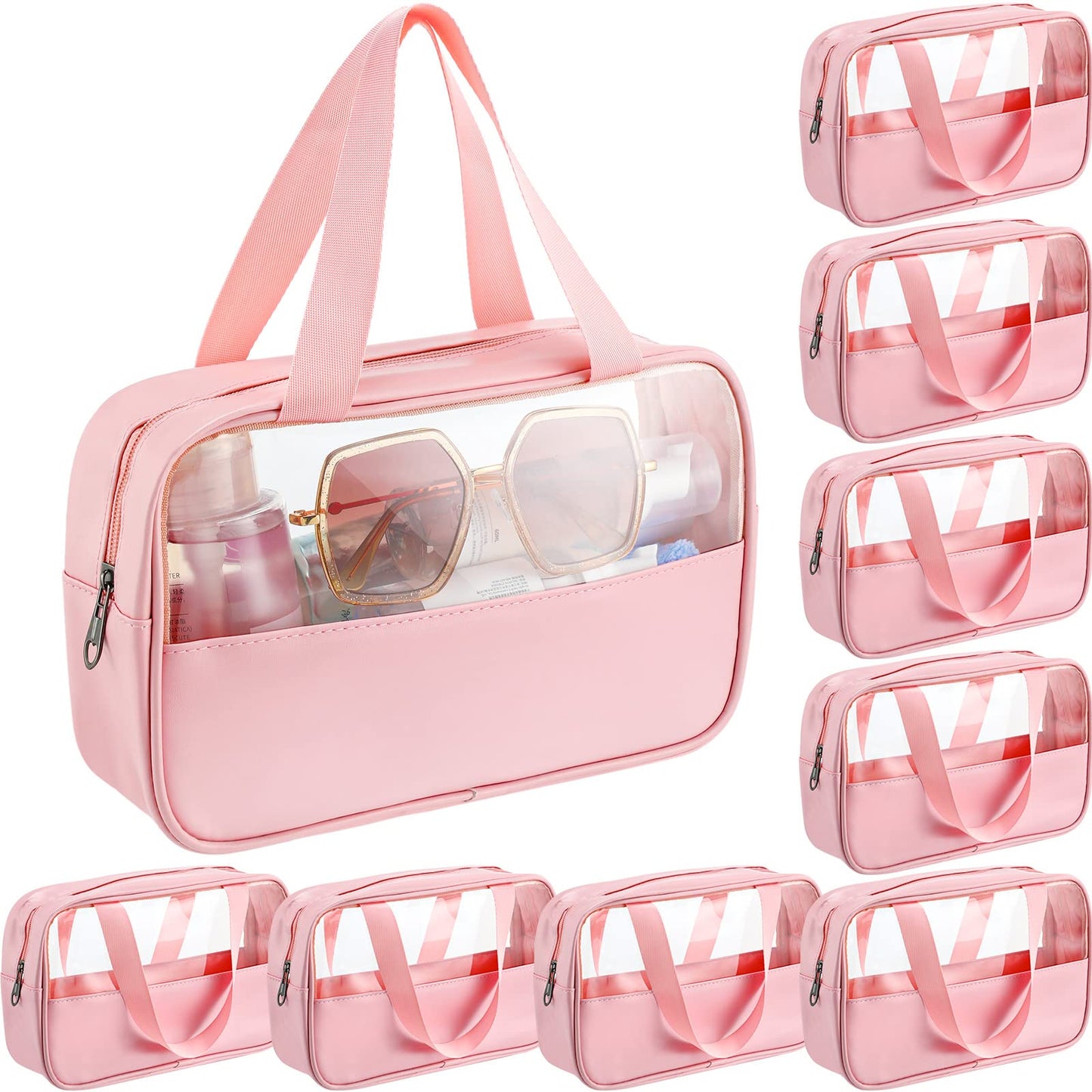 9 Pcs Translucent Make up Bag Toiletry Organizer for Women Men Waterproof Portable Cosmetic Travel Bag with Hanging Handles Travel Storage Carry Pouch, 10.2 x 6.3 x 2.8 Inches(Pink)