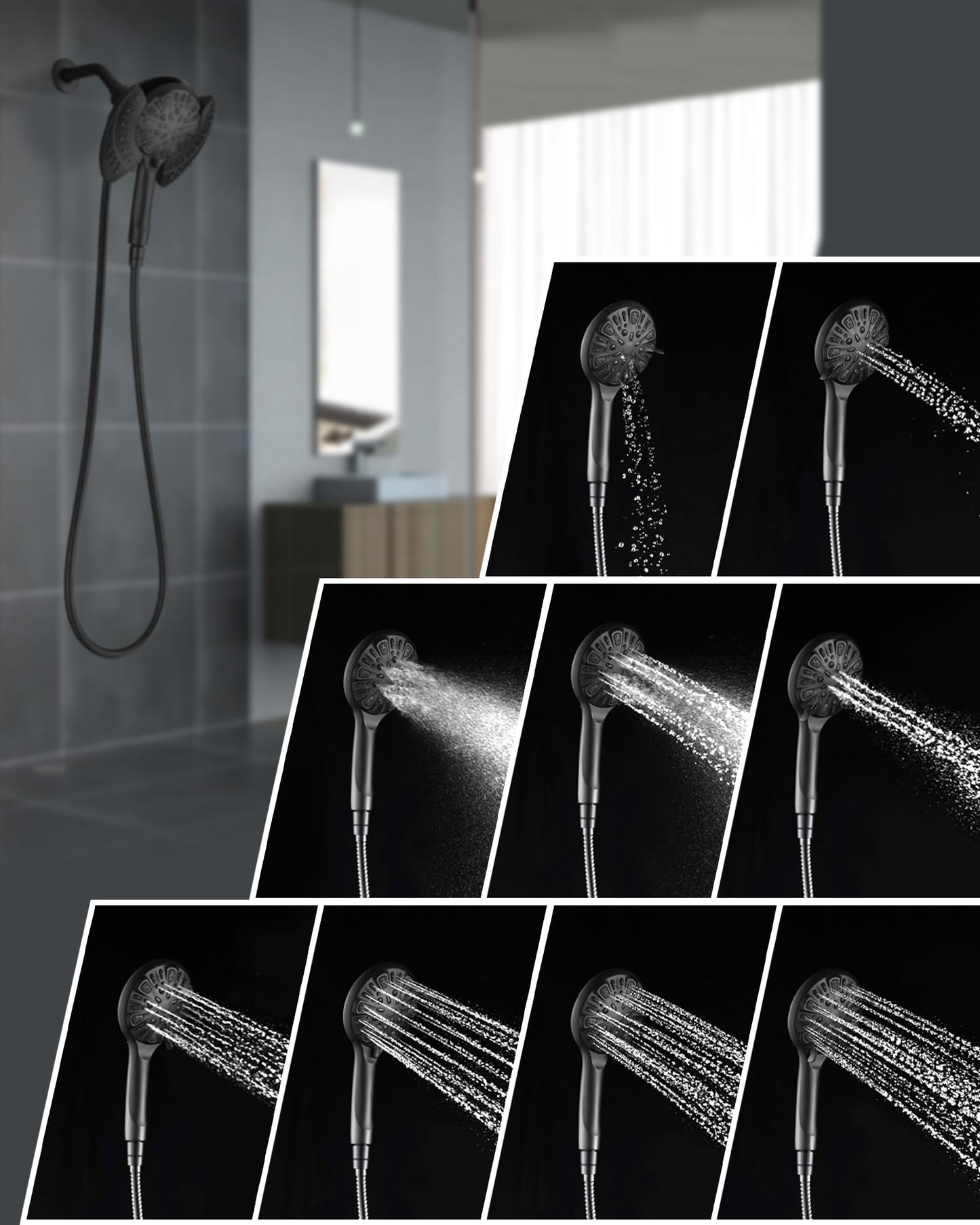 INAVAMZ 2-in-1 Shower Head with Handheld Combo: 2.5GPM Rainfall & Handheld Shower Head Use Together or Alone, 9 Spray Settings Hand Held Shower Head with Hose, Black