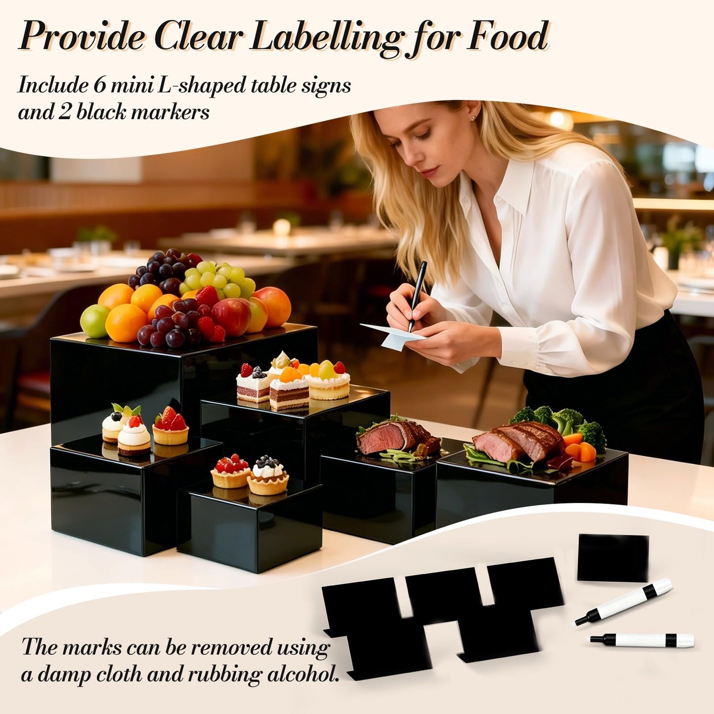 6 Pcs Buffet Risers with Mini Sign and Maker, Black Food Risers Display Stand for Buffet Table Party Catering Dessert Jewelry Collectibles, Nesting Cube Boxes with Hollow Bottoms (8",7",6",5",4",3")
