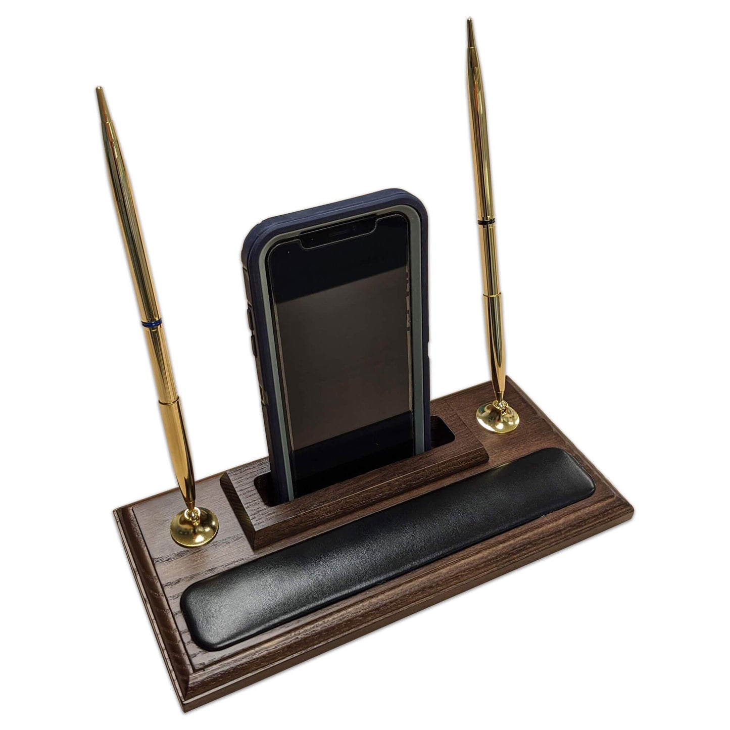 Walnut and Leather Pen Stand with Cell Phone Holder