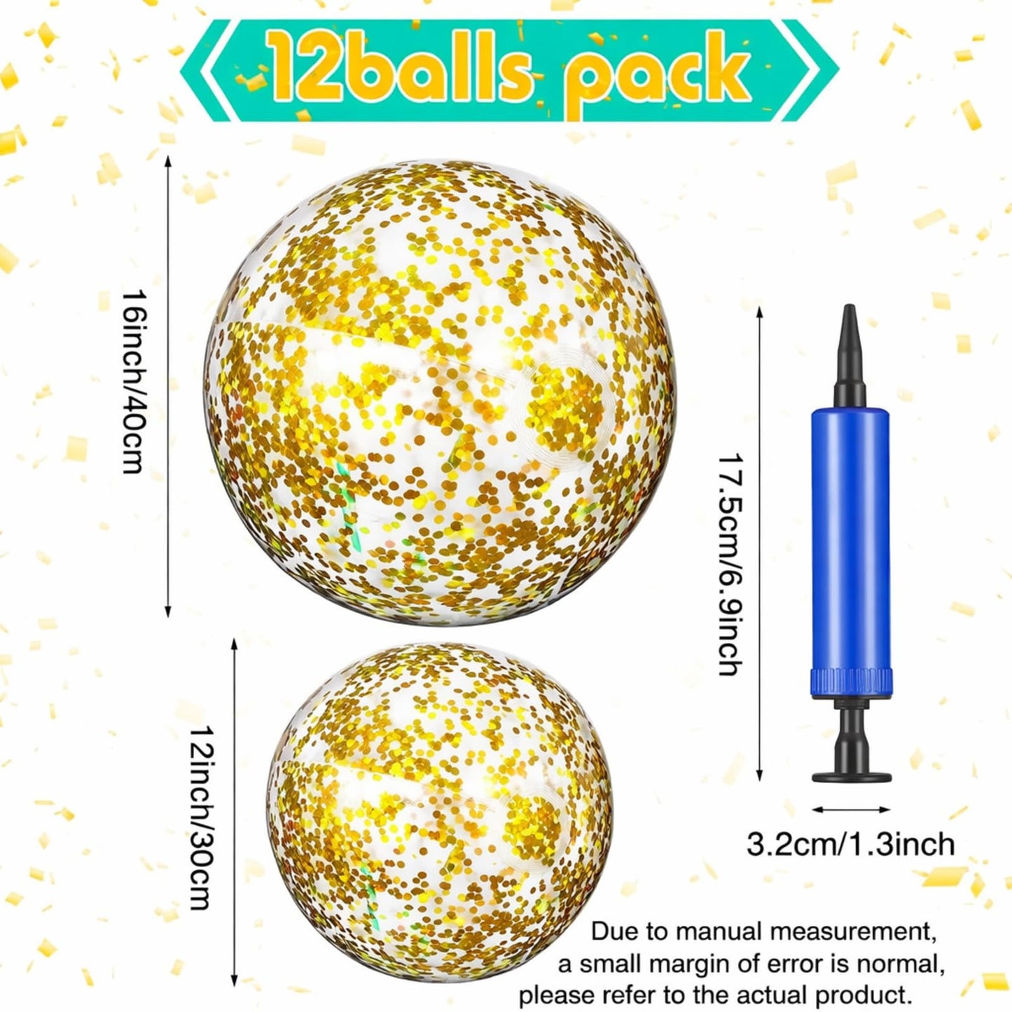 Lewtemi 12 Pcs 24 Inch 16 Inch Inflatable Glitter Beach Balls Clear Confetti Swimming Jumbo Pool Balls for Outdoor Pool Party Decorations Summer Favors(Gold)