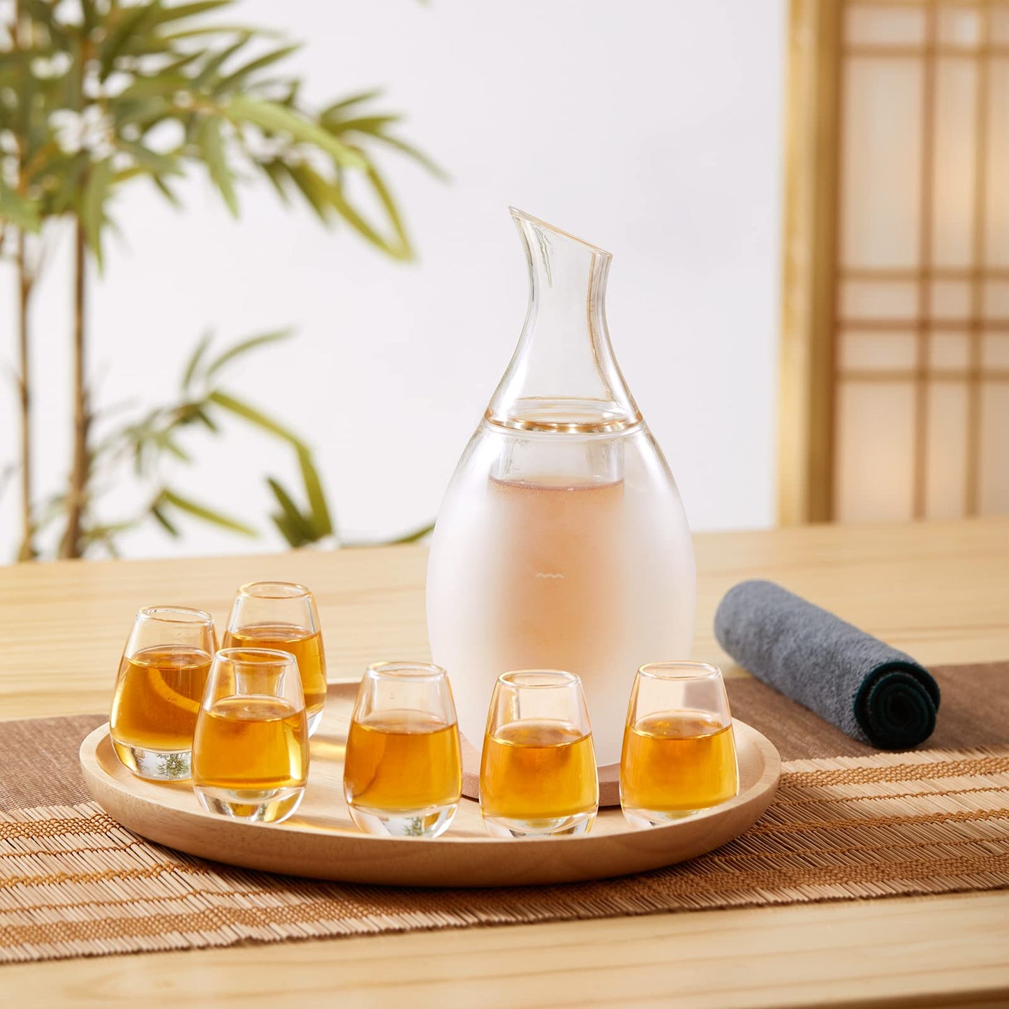 ZENS Sake Set Glasses, 8.5 Ounce Sake Carafe Cups with 6 Saki Cup Set for Warmer or Cold Japanese Wine with Stone Coaster Gift Sets