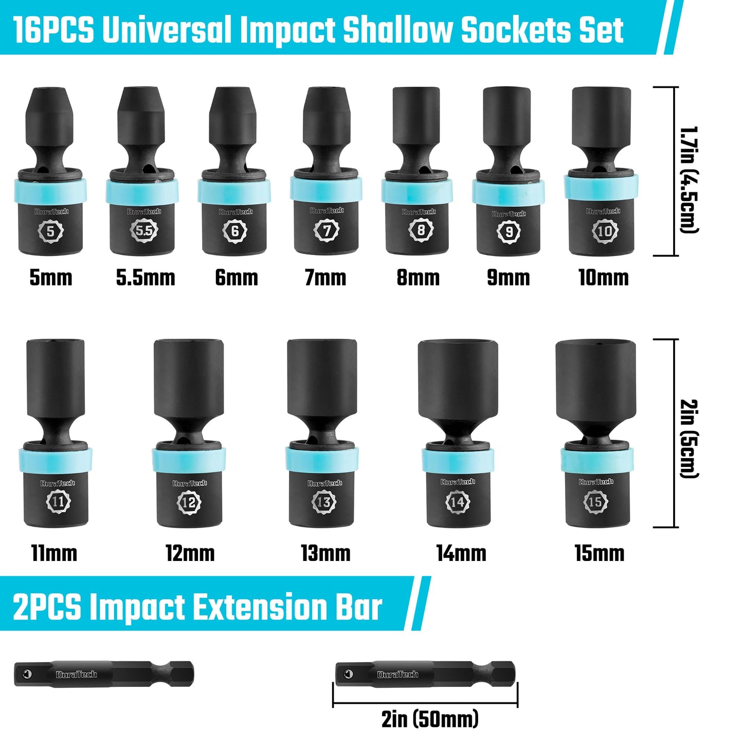 DURATECH 1/4" Drive Impact Universal Joint Socket Set, Swivel Socket Set, 14-Piece, Metric Impact Sockets (5-15 MM) with 2" Extension Bars, Cr-Mo Steel, Organized in EVA Foam Organizer