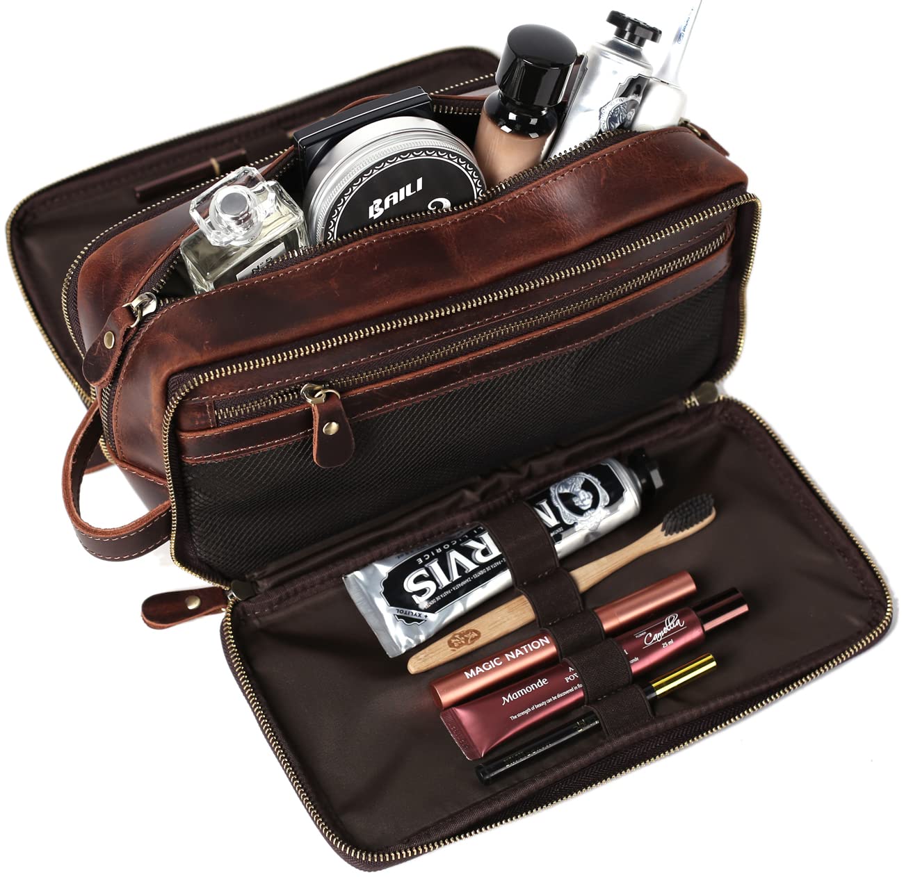 RC ROCKCOW Personalized Leather Toiletry Bag for Men Travel Shaving Dopp Kit-Large Cosmetic Bags Toiletries Bathroom Organizer (Coffee(full grain leather))