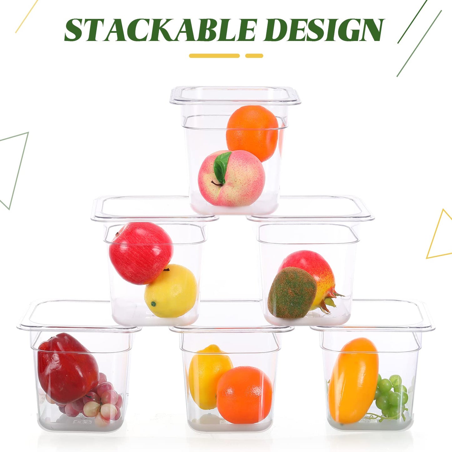 Yinder 12 Packs Plastic Clear Food Pans 1/6 Size Stackable Polycarbonate Food Containers with Capacity Indicator Restaurant Commercial Hotel Pan for Fruits Vegetables Beans Corns(6'' Deep)