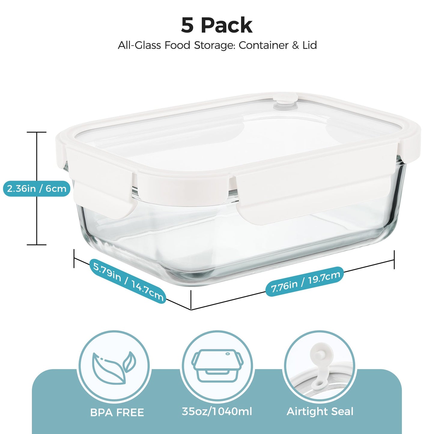 Vtopmart 5 Pack 35oz Glass Food Containers with Glass-Lids & Air Vent, Meal Prep Food Container Sets, Reusable Lunch box for leftovers, Save for Microwave, Oven, Freezer, and Dishwasher, BPA Free