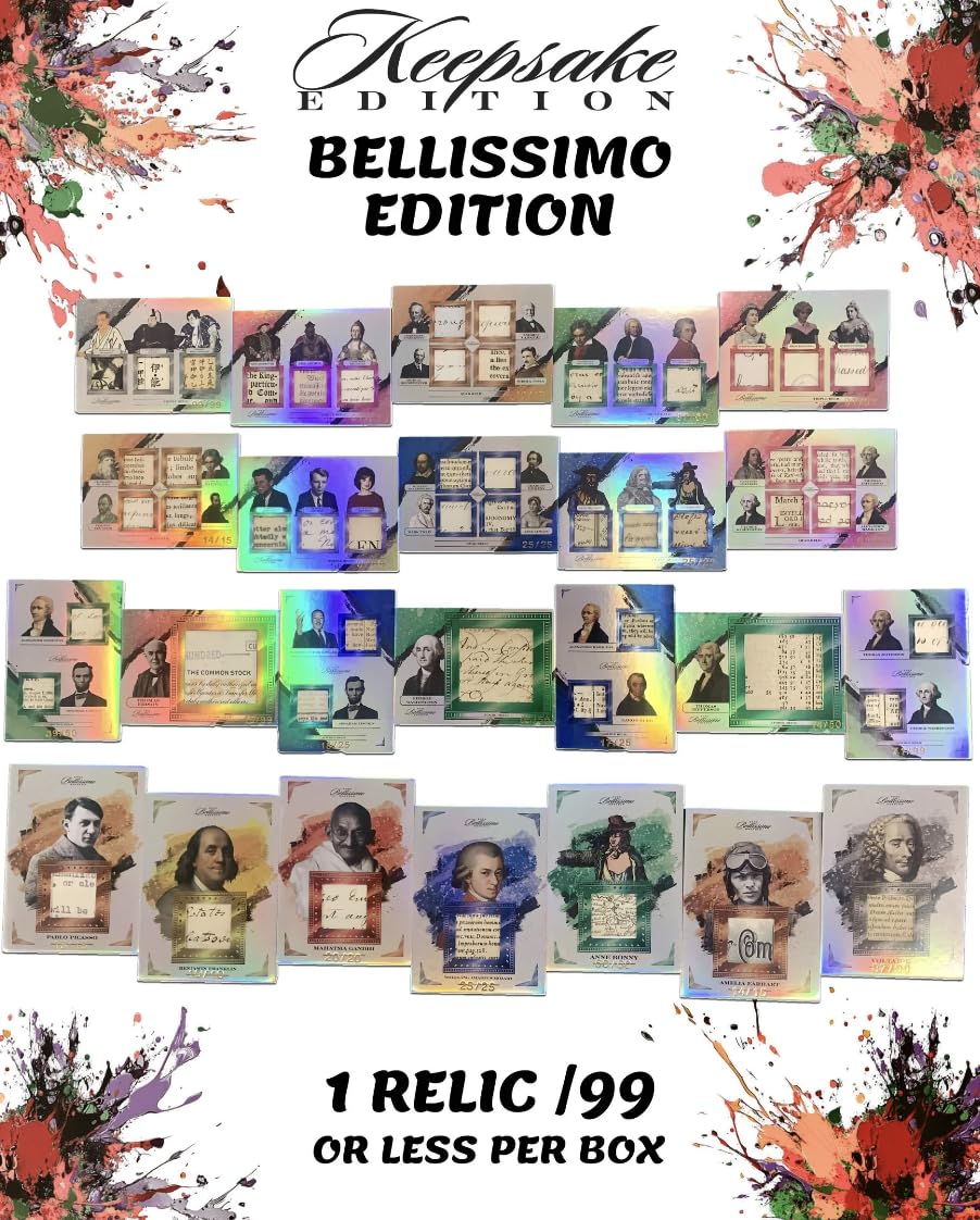 2023 Keepsake Bellissimo Edition: 2 Cards: Numbered Relic & Base- Rare Relics, 1/1 Art/Autos & Jumbo Art Prints- Featuring Lincoln, Einstein, Mantle, Muhammad Ali & More