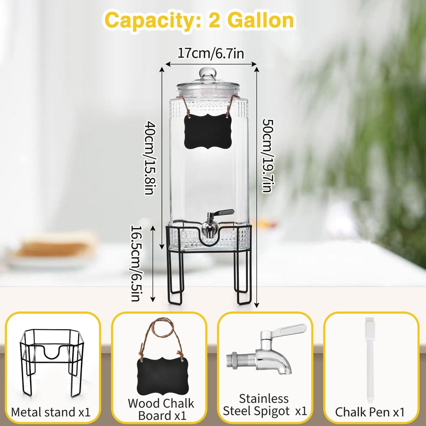 2 Gallon Glass Drink Dispenser, Drink Dispensers for Parties, Beverage Dispenser with Stand and Glass Lid, 100% Leakproof Spigot, Ideal for Lemonade, Juice, Laundry Detergent Dispenser
