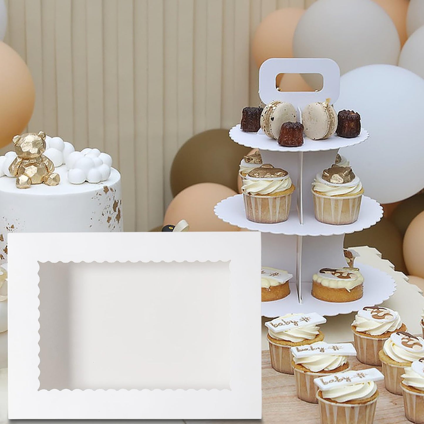 Mefleet 10pcs 19x14x5 Half Sheet Cake Boxes with Window Rectangle 1/2 Sheet Bakery Boxes for Pastry Baking Cake, Cupcakes, Donuts, Cookies, Pie Treat Packaging White Large