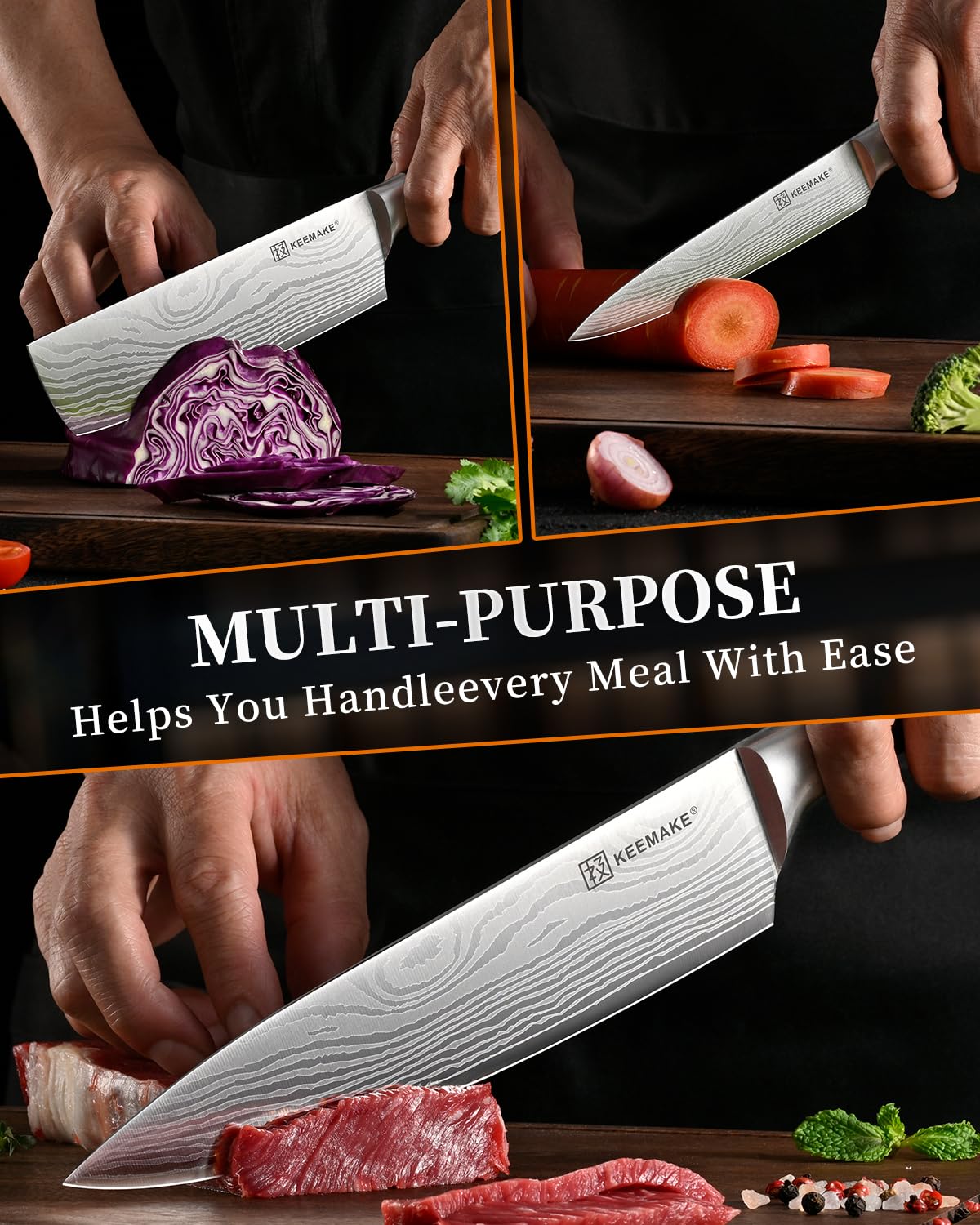 KEEMAKE 3 Pieces Knife Set, High Carbon Stainless Steel Chef Knives Sets with Ergonomic Pakkawood Handle, Professional Ultra Sharp Kitchen Knife Sets, Father Day Gifts