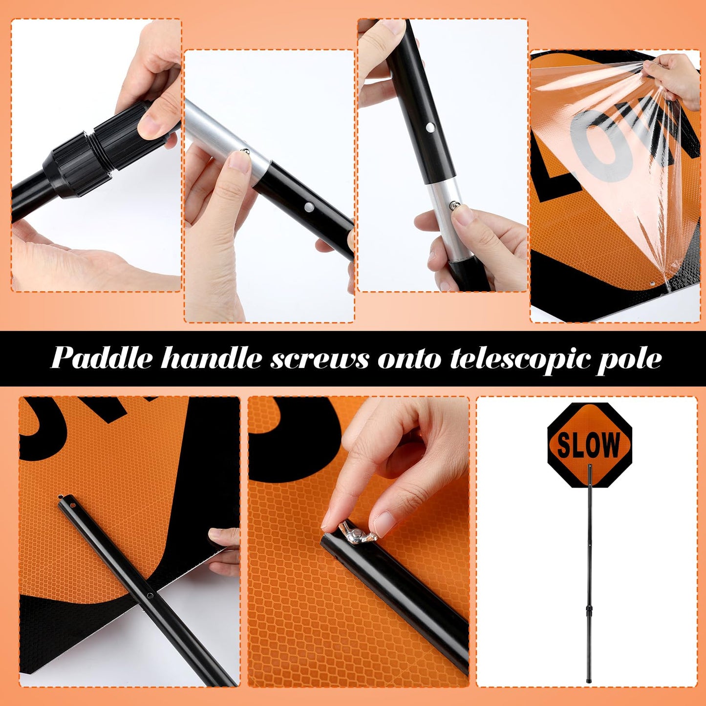 Kanayu 1 Pcs 24x24inch Flagger Helper Slow Stop Paddle Signs with Telescopic Stretchable Staff Double Sided Stop/slow Paddle Honeycomb Reflective Signs for Road Traffic Construction (60 Inch)