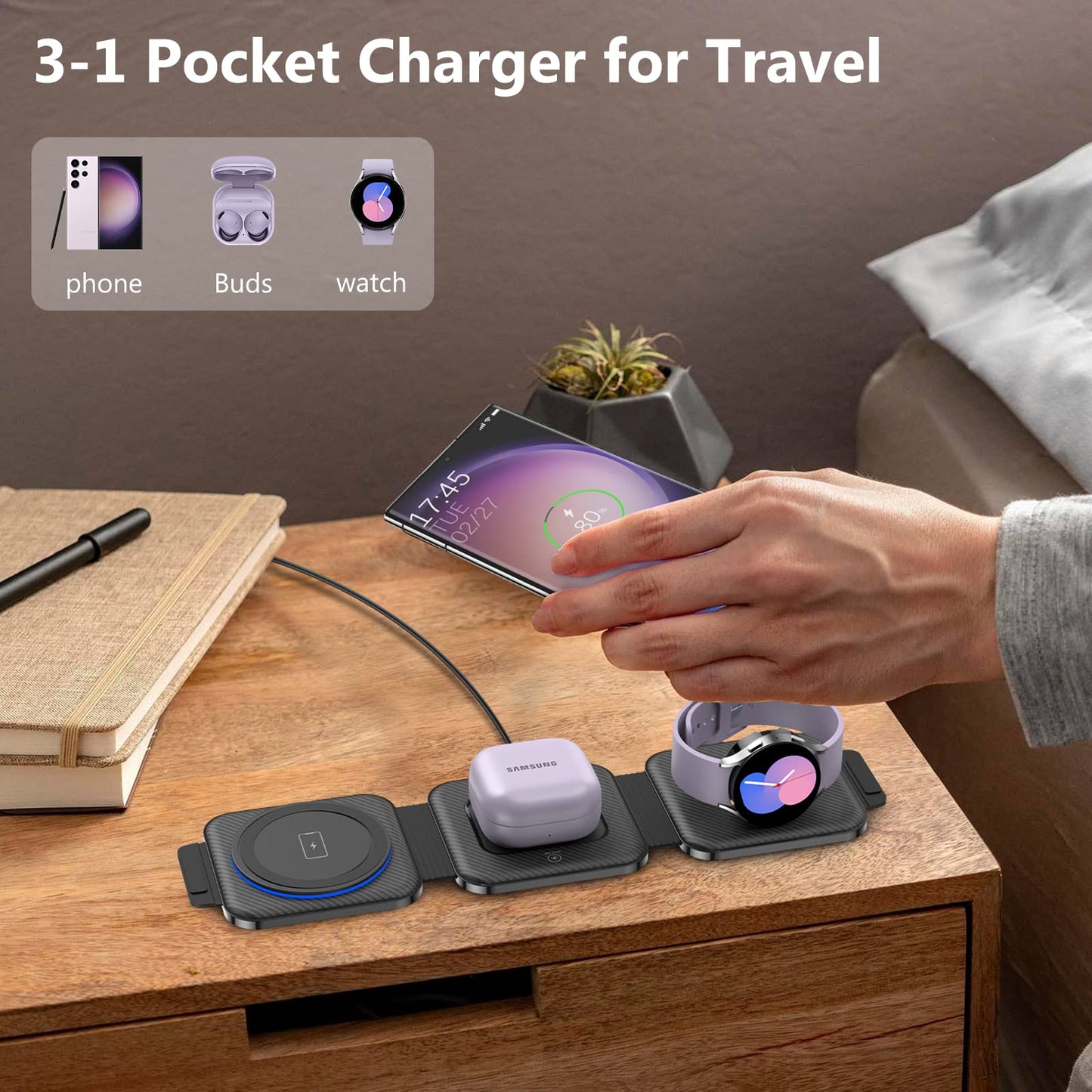 Travel Charger for Samsung Multi Devices, Foldable 3 in 1 Wireless Charging Station Fast Charging Stand/Pad Compatible for Samsung Galaxy S25/S24/S23/S22/S21/Note20 Galaxy Watch7/6/5/4/3 Galaxy Buds3