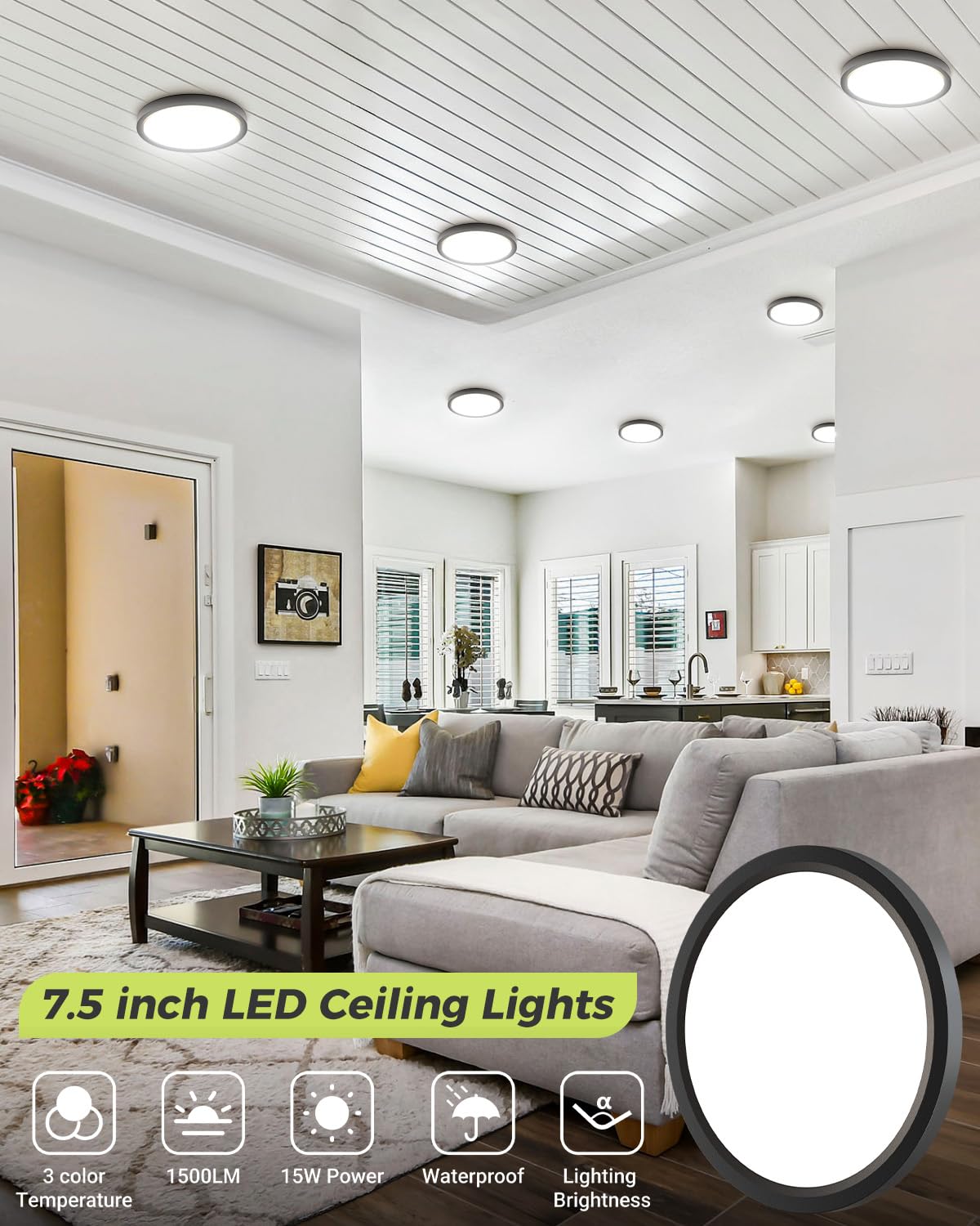 6PACK LED Flush Mount Ceiling Light, 3CCT Selectable 3000K-4000K-6500K & 100W Equivalent Modern Kitchen Ceiling Light Fixture 15W 1500Lm 7.5 Inch for Bathroom Closet Bedroom Hallway,NOT-DIMMABLE