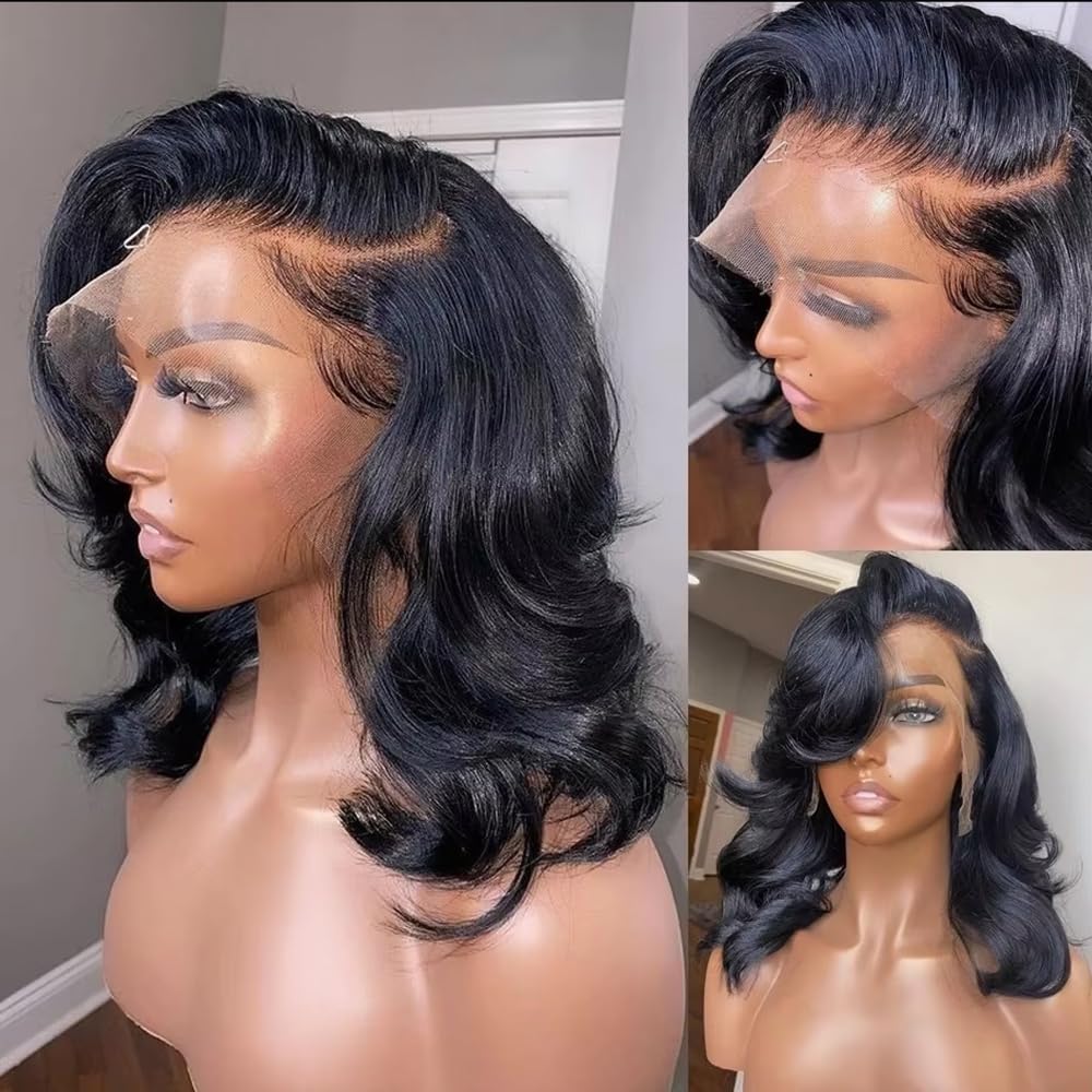 Devonia 14 Inch Bob Human Hair Wig 13x4 Body Wave Lace Front Wigs Human Hair Pre Plucked HD Frontal Lace Wig 180 Density Glueless Wigs for Women Bob Wigs Natural Black Color