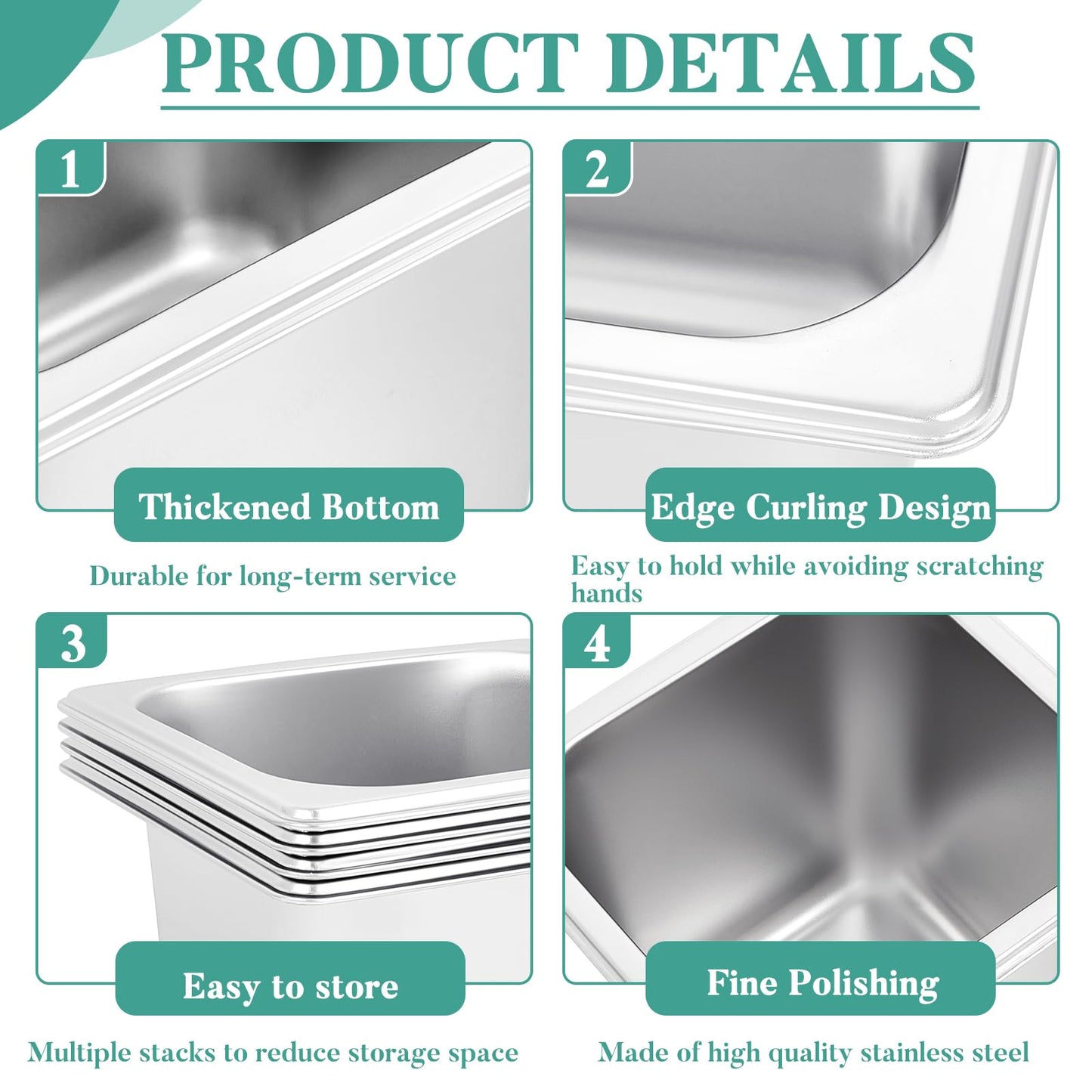 Jinei Steam Table Pan 1/6 Hotel Pan Stainless 201 Steel Size 6'' Deep Storage Catering Metal Commercial Food Pans for Kitchen Restaurant Buffet Party Supplies(8 Pcs)