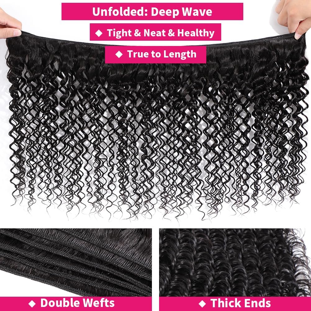 younsolo Deep Wave Bundles Human Hair 3 Bundles (20 22 24 inches) 12A Brazilian Virgin Bundles 100% Human Hair Deep Wave Bundles Deep Wavy Raw Hair Natural Black