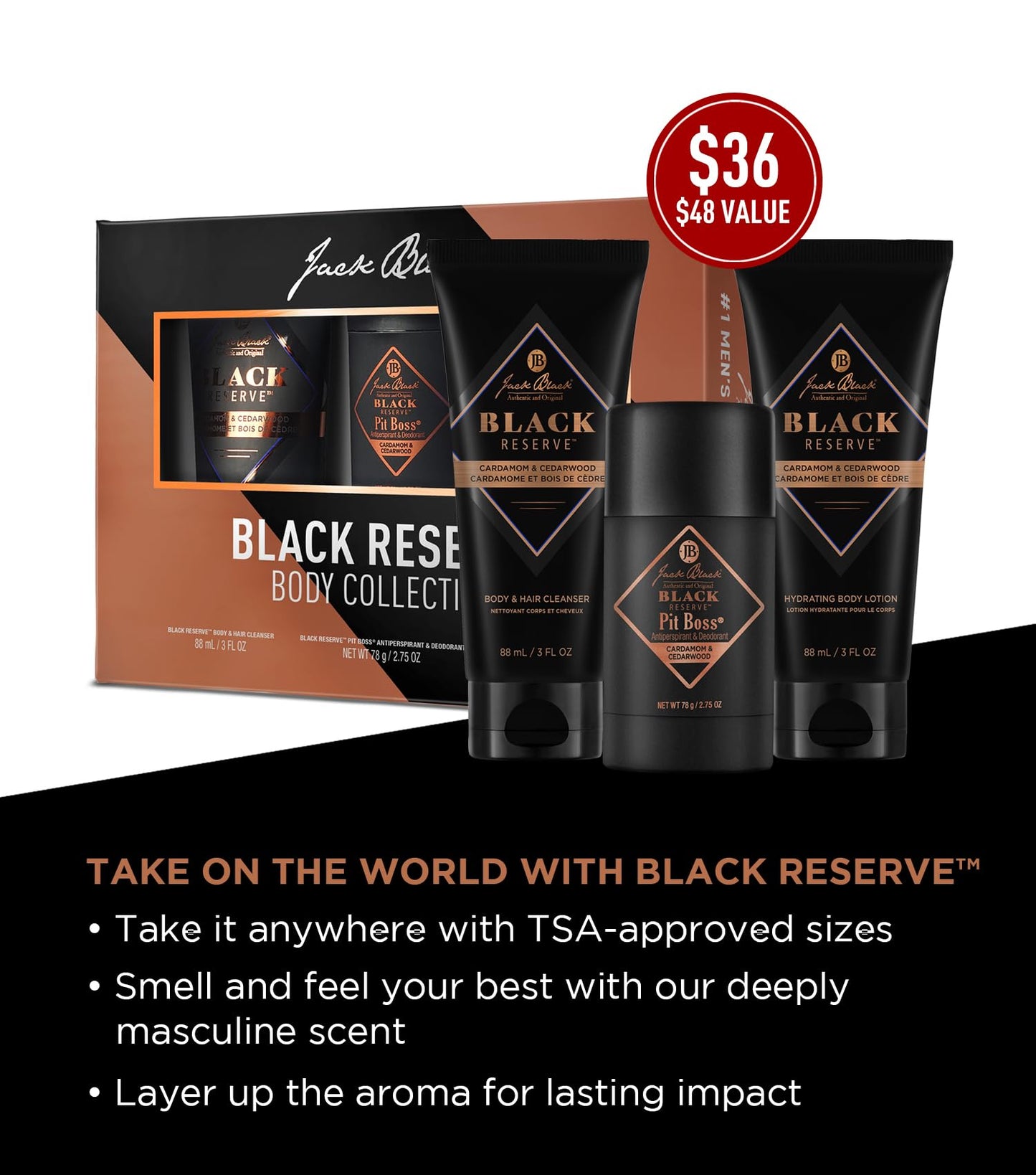 Jack Black Black Reserve Body Collection Set for Men – Cardamom & Cedarwood – Dual-Purpose Mens Body Wash, Pit Boss Mens Deodorant, Mens Body Lotion, Mens Grooming Kit