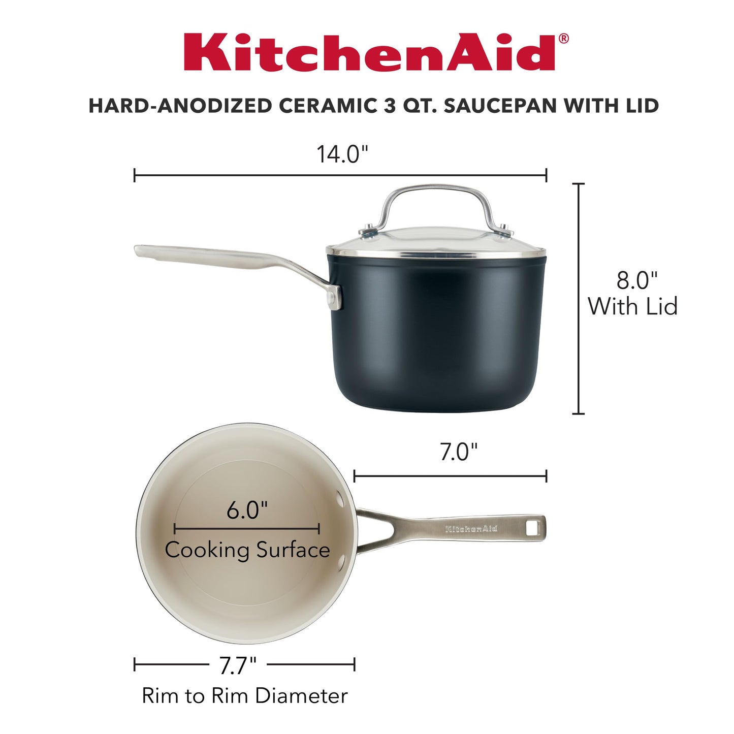 KitchenAid Hard Anodized Ceramic Nonstick Cookware Sauce Pan with Lid, 3 Quart - Matte Black