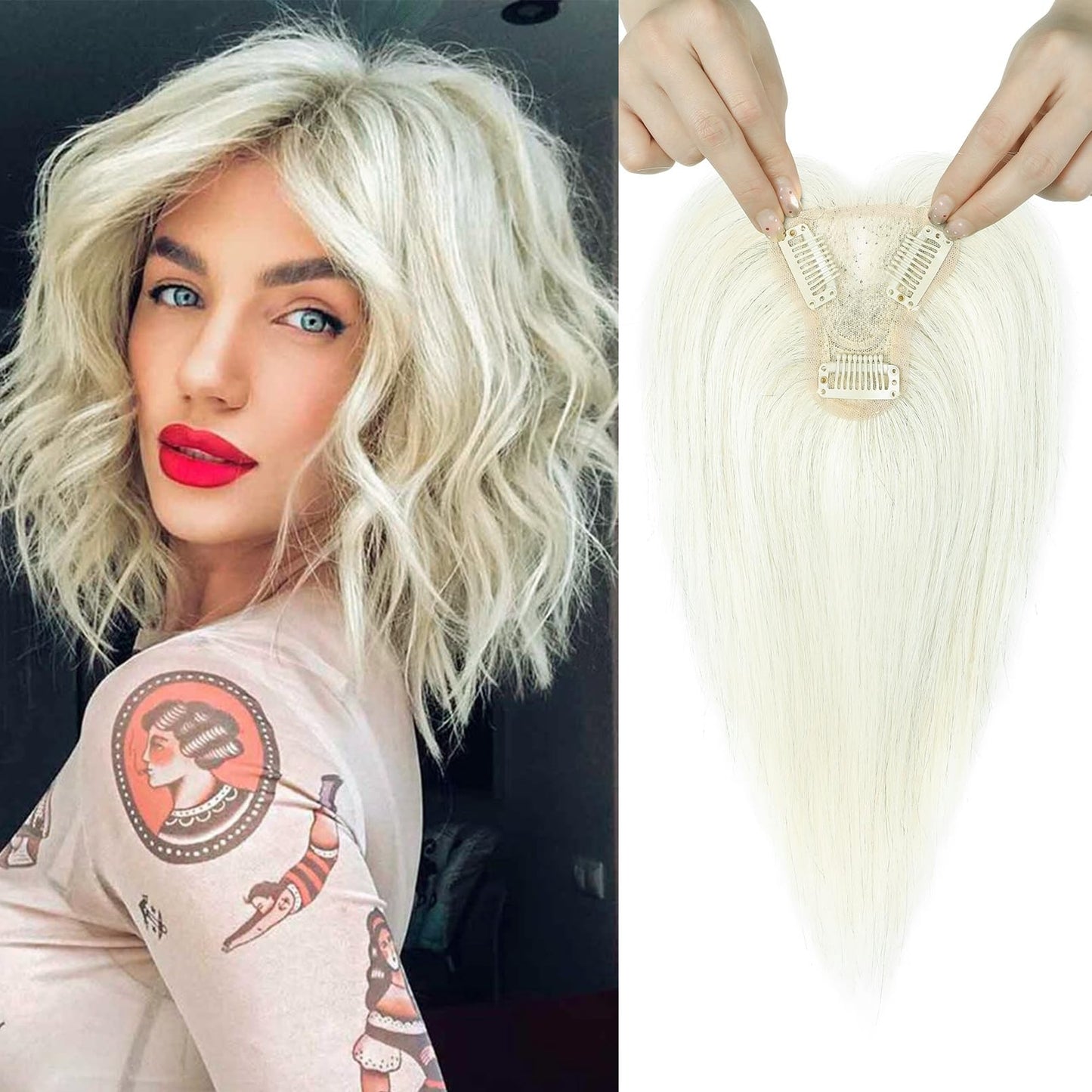 REECHO Real Human Hair Topper, 10 inch Women Hair Toppers for Thinning Hair, 100 Percent Human Hair Large Coverage Natural Hairpiece Wiglet, Standard Base 3.5"x2", Yellow White with Black Strands