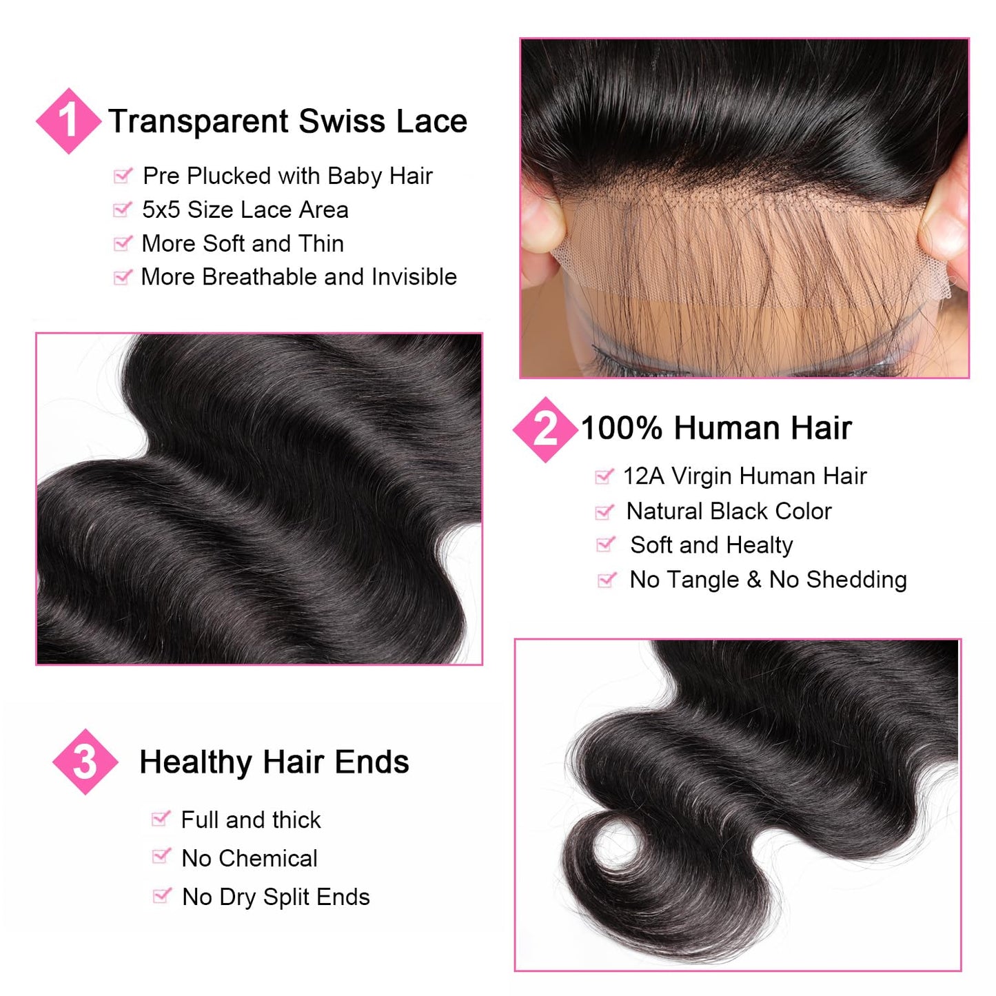 Body Wave 5x5 Transparent Lace Closure 100% Human Hair Invisible 5x5 Lace Closure 12A Brazilian Virgin Remy Human Hair Frontal Closure Pre Plucked Natural Color 20 Inch