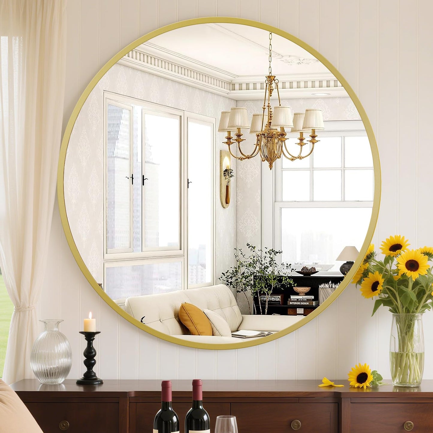 Sweetcrispy 24 Inch Round Wall Mirror with Tempered Glass, Bathroom Mirror Over Sink, Anti-Fog & Waterproof Round Mirrors for Bathroom, Entryway, Bedroom, Shatterproof Design, Gold