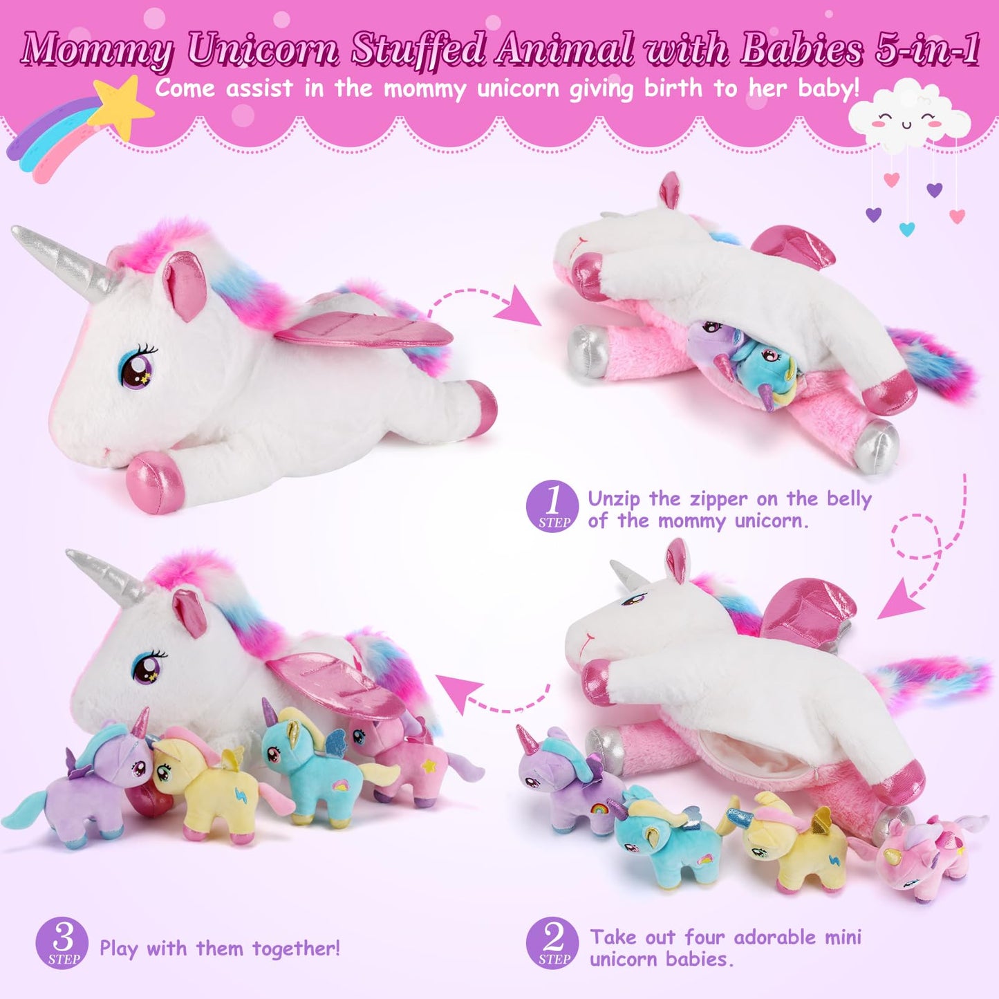 gnomantic Unicorn Stuffed Animals with Babies Inside, Mommy Toy for Kids