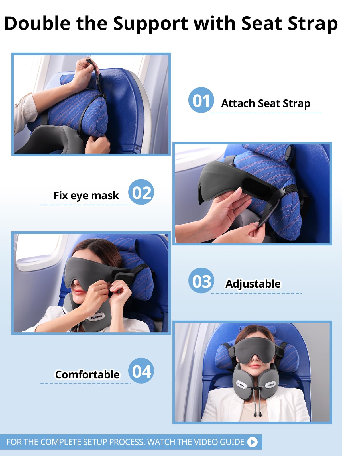 Inspireyes Neck Pillow, Travel Pillow with Seat Strap, 3D Sleep Mask, Dual Support Neck Head, High Supportive Foam Airplane Pillow for Long Flight, Stop Bobblehead Travel Essential, Light Grey